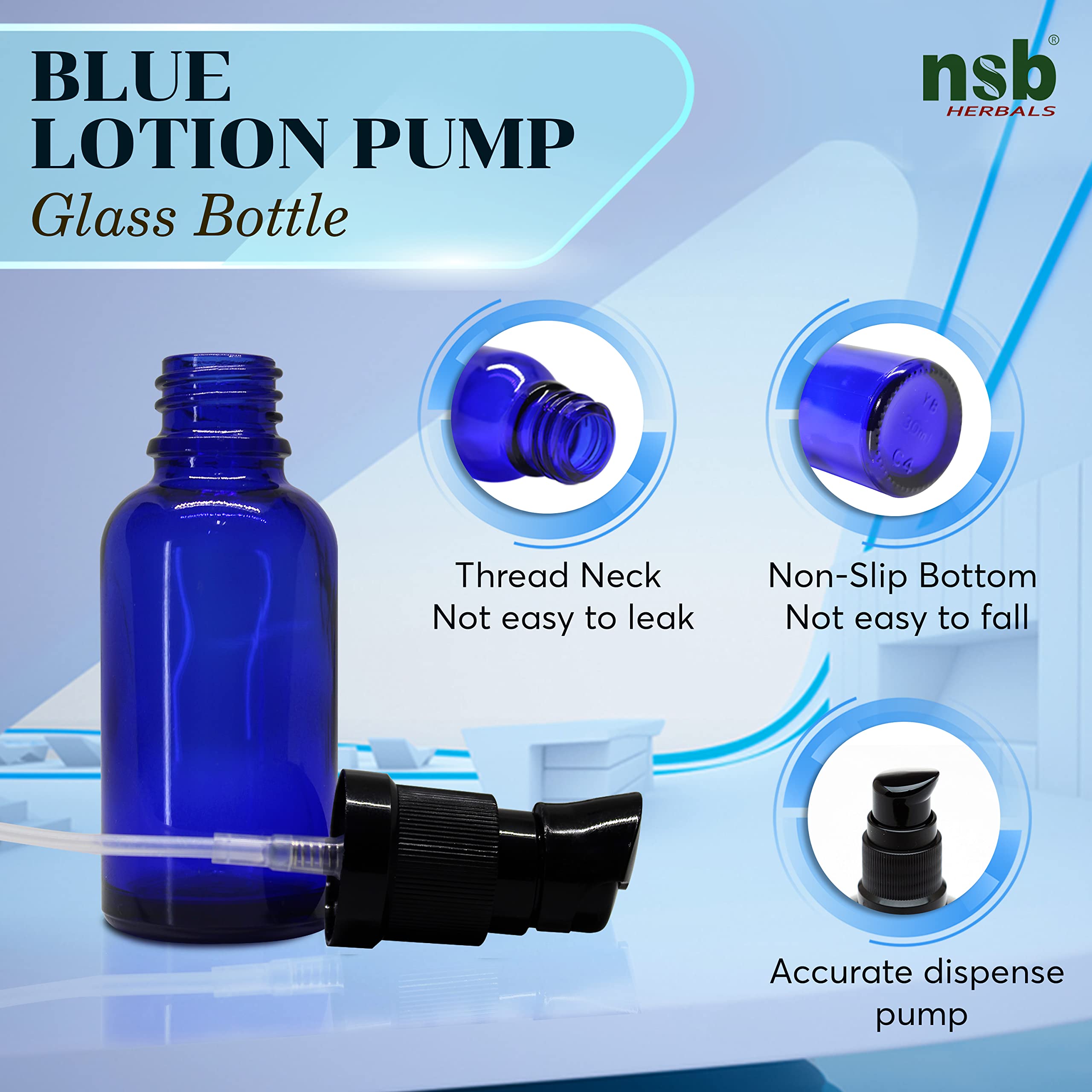 NSB Herbals 30ml Blue Round Empty Glass Bottle with Lotion Pump & Black Cap - Essential Oil Bottles, DIY Skin Care, Cosmetic Containers (Pack of 6) - Perfect for Aromatherapy, Travel Size Toiletries & Homemade Beauty Products