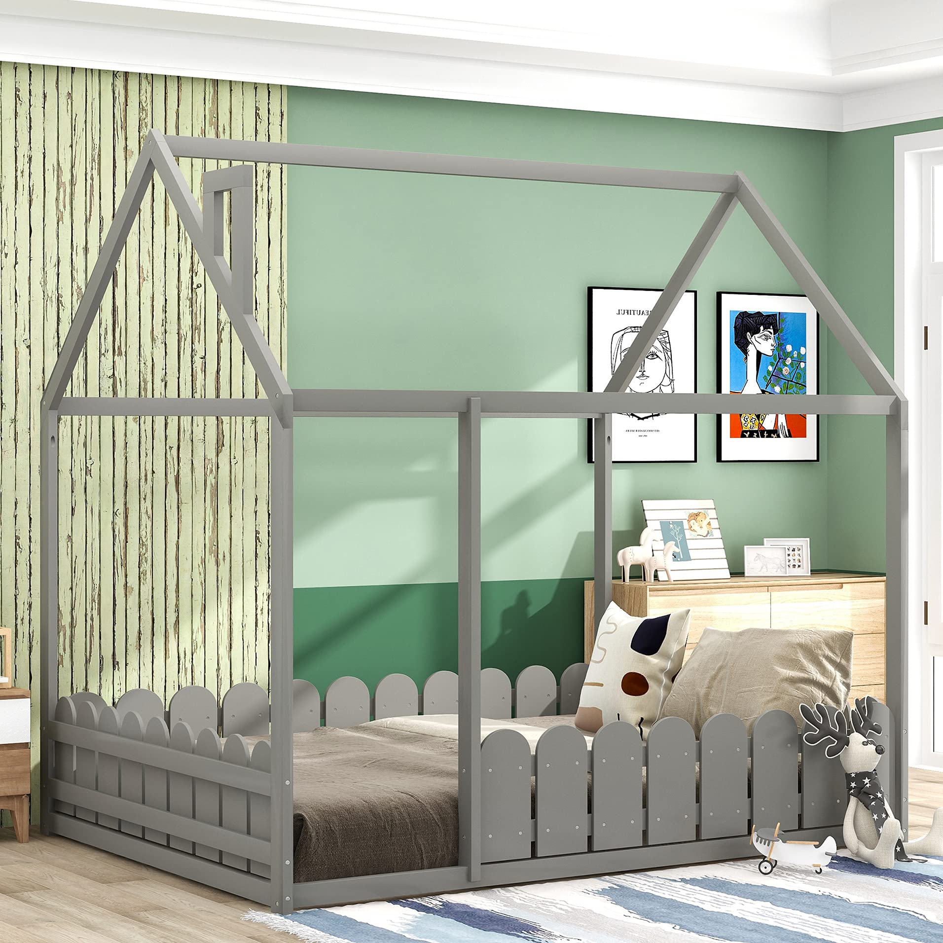 Full Size House Bed for Kids - Wooden Toddler House Floor Bed with Fence Guardrails - Safe & Sturdy Bed Frame for Boys & Girls (Grey) - Perfect for Bedrooms, Playrooms & Montessori Style Decor