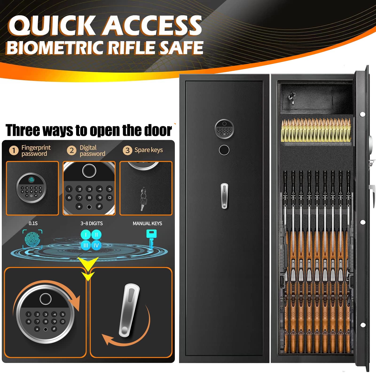 2025 New Fireproof Biometric Gun Safe for Home - Heavy Duty Anti-Theft Rifle & Pistol Safe with 3 Handgun Pockets, Removable Shelf & Silent Mode - Perfect for Bedroom, Closet or Office Security Storage