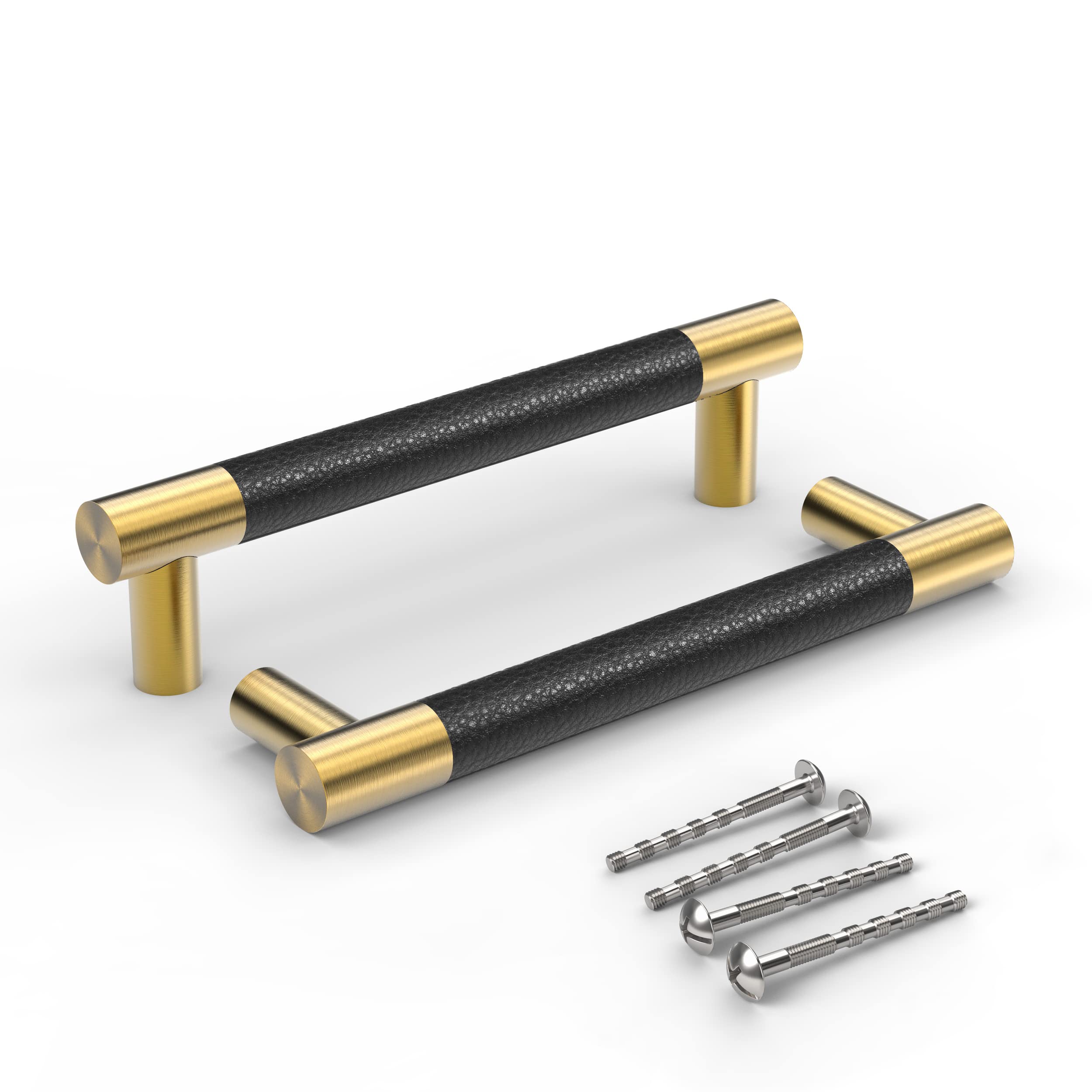 Brushed Satin Gold/Brass Cabinet Handles with Black Leather - 10 Pack (4