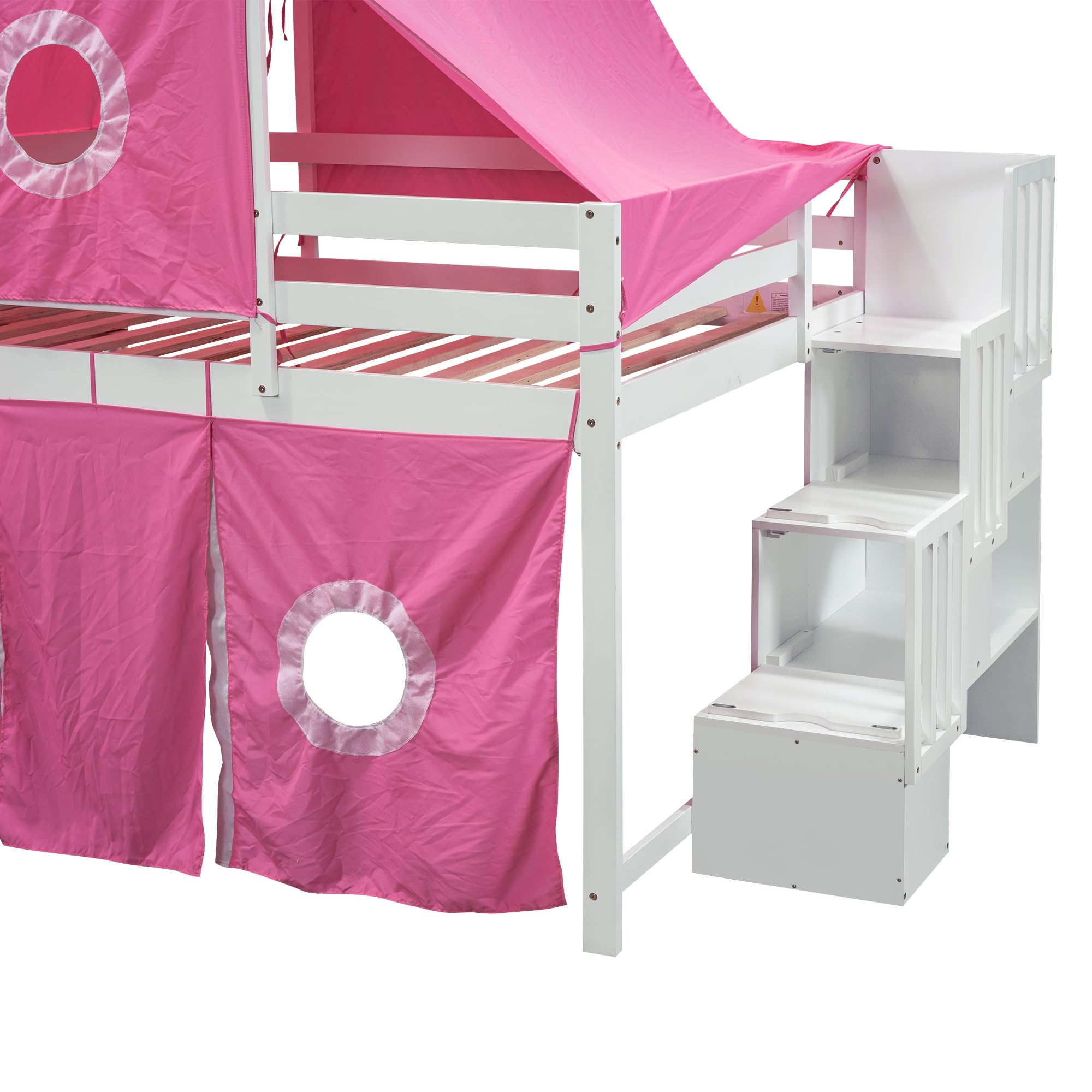 Harper & Bright Designs Full Size Wooden Loft Bed with Slide, Storage Stairs, Play Tent & Ladders - Kids Bunk Bed with Playhouse Tower for Boys & Girls (Pink) - Perfect for Small Bedrooms, Playrooms & Fun Sleepovers