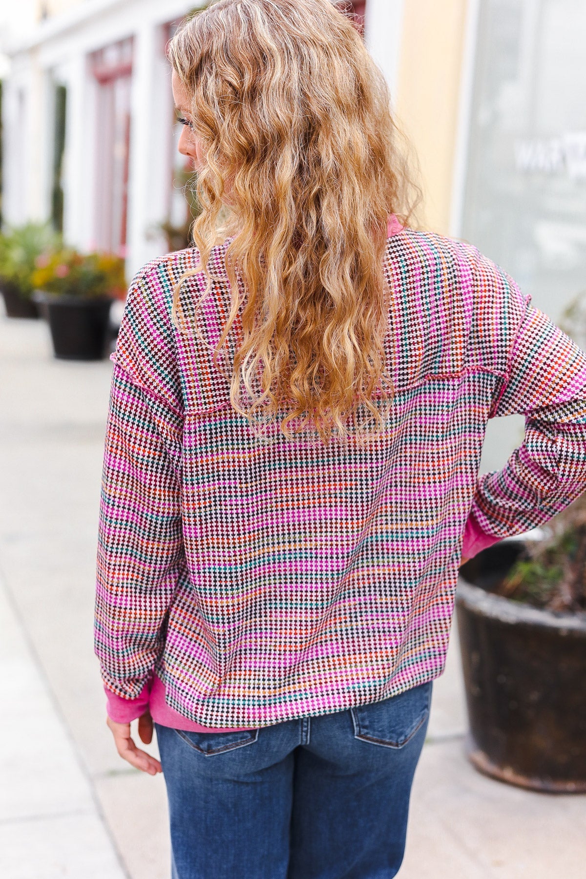 Joyful Magenta Multicolor Textured Waffle Knit Sweater for Women - Cozy Winter Pullover for Casual Outings & Holiday Gatherings