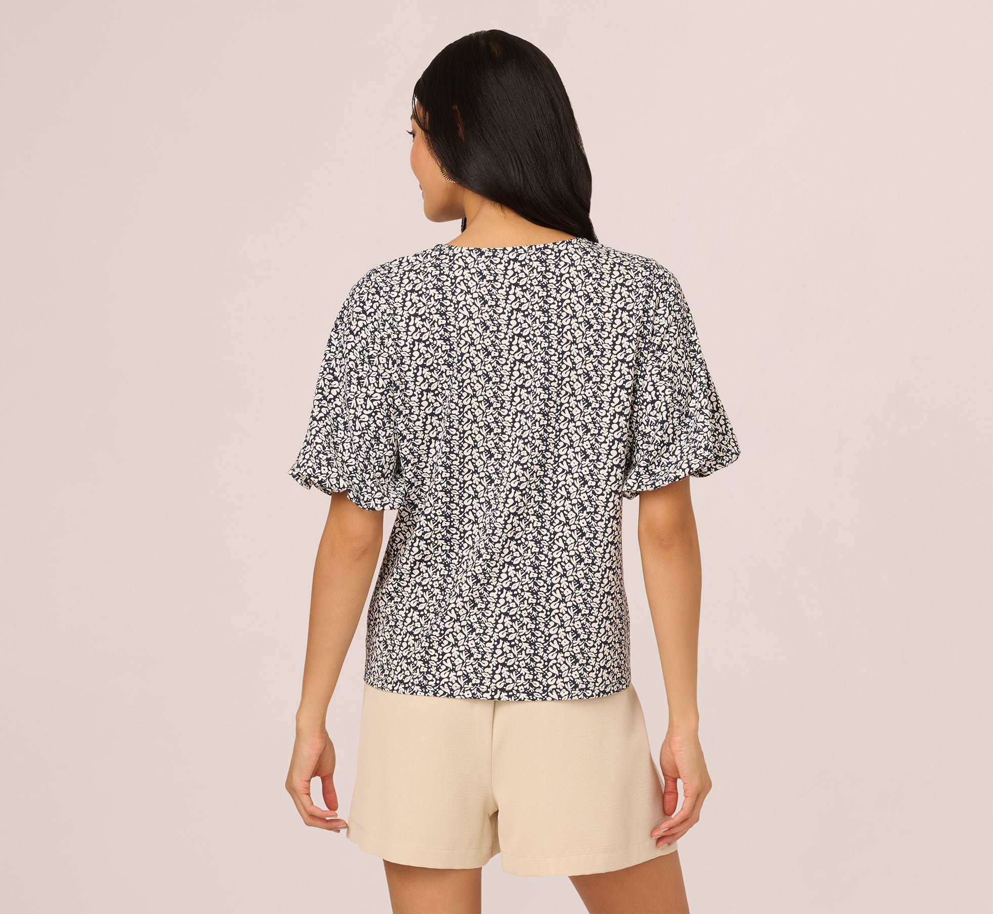 Navy Blue Bubble Sleeve Printed Tie Waist Top for Women | Floral Stencil Design | Casual Summer Blouse for Beach, Date Night & Office Wear