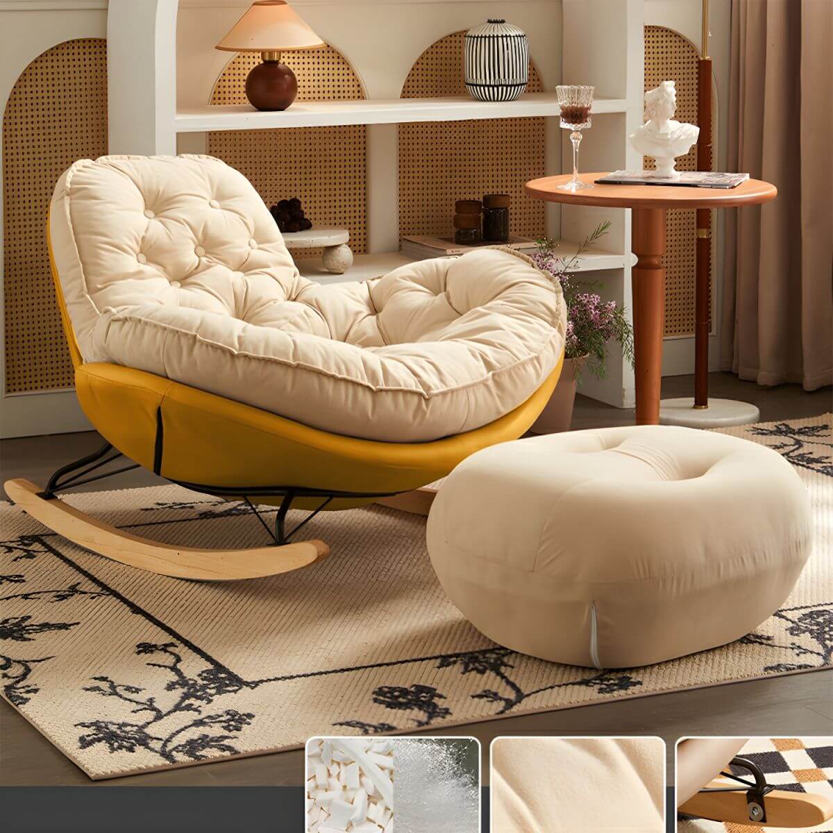 Modern Beige Upholstered Rocking Chair with Tufted Back and Solid Wood Legs - Comfortable Nursery Glider for Baby Room, Living Room or Bedroom - Perfect for Breastfeeding, Reading & Relaxing