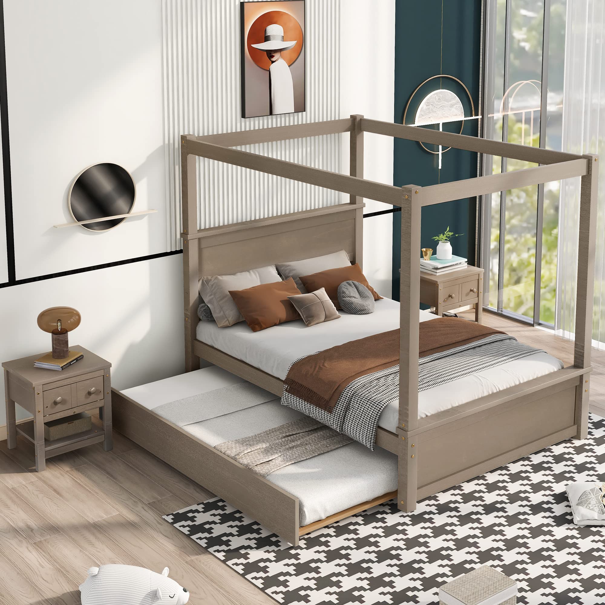 Harper & Bright Designs Full Size Canopy Platform Bed with Trundle - Solid Wood Bed Frame with 2 Nightstands, Noise Free No Box Spring Needed, Light Brown - Perfect for Small Bedrooms, Guest Rooms & Space-Saving Storage Solutions