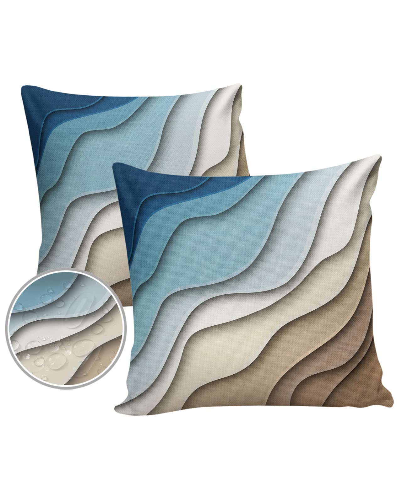 Waterproof Outdoor Throw Pillow Cover Set of 2 - Blue Modern Geometric & Brown Abstract Lumbar Pillowcases 26x26 Inches - Decorative Patio Furniture Cushions for Garden, Couch, Porch & Poolside Use