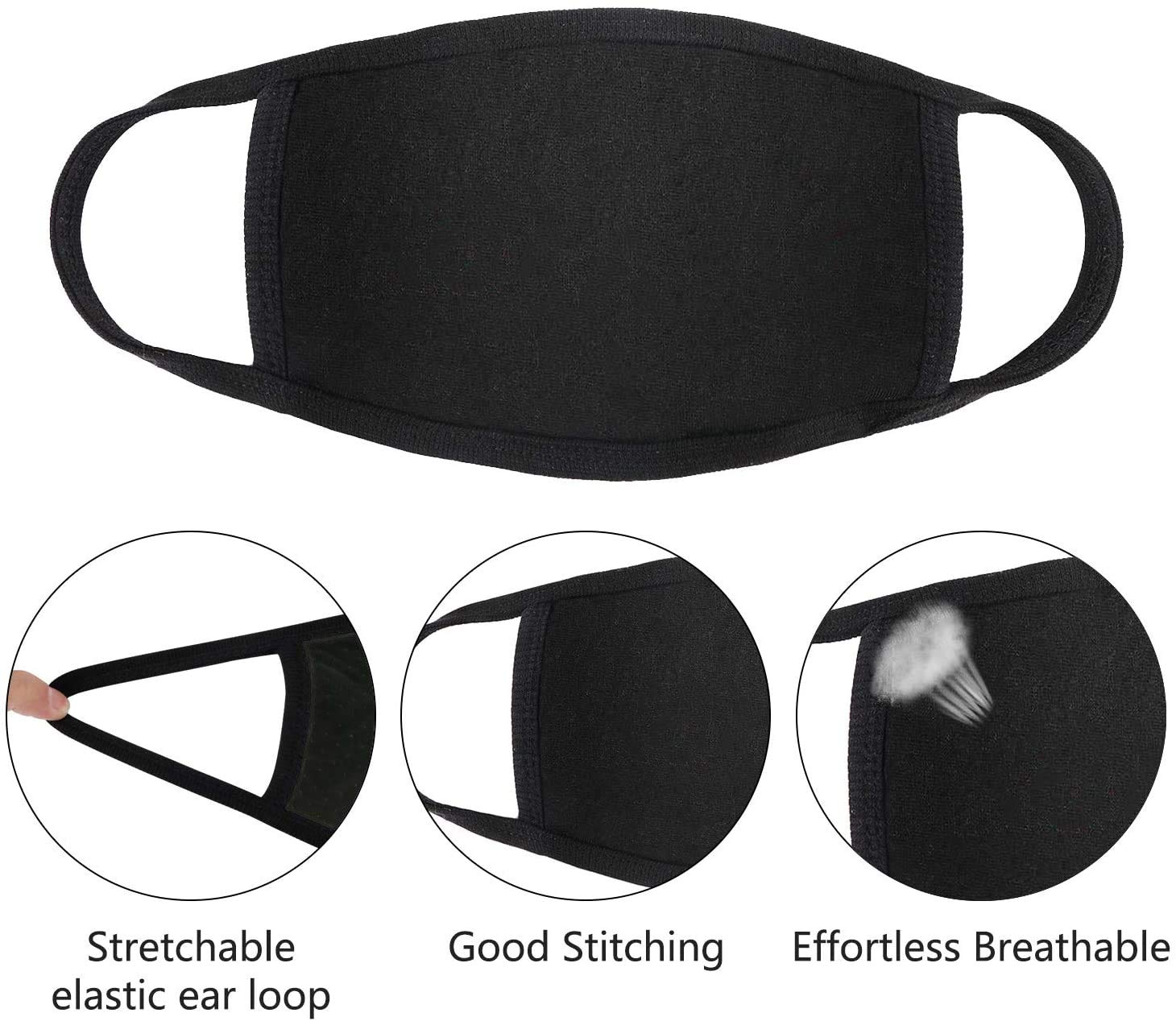 5-Pack 100% Cotton Reusable Face Masks - Washable Unisex Dust Protection Mask, Breathable Anti-Dust Mouth Cover, Bandana Style for Men & Women (Black) - Perfect for Outdoor Activities, Travel, Cycling, and Daily Protection