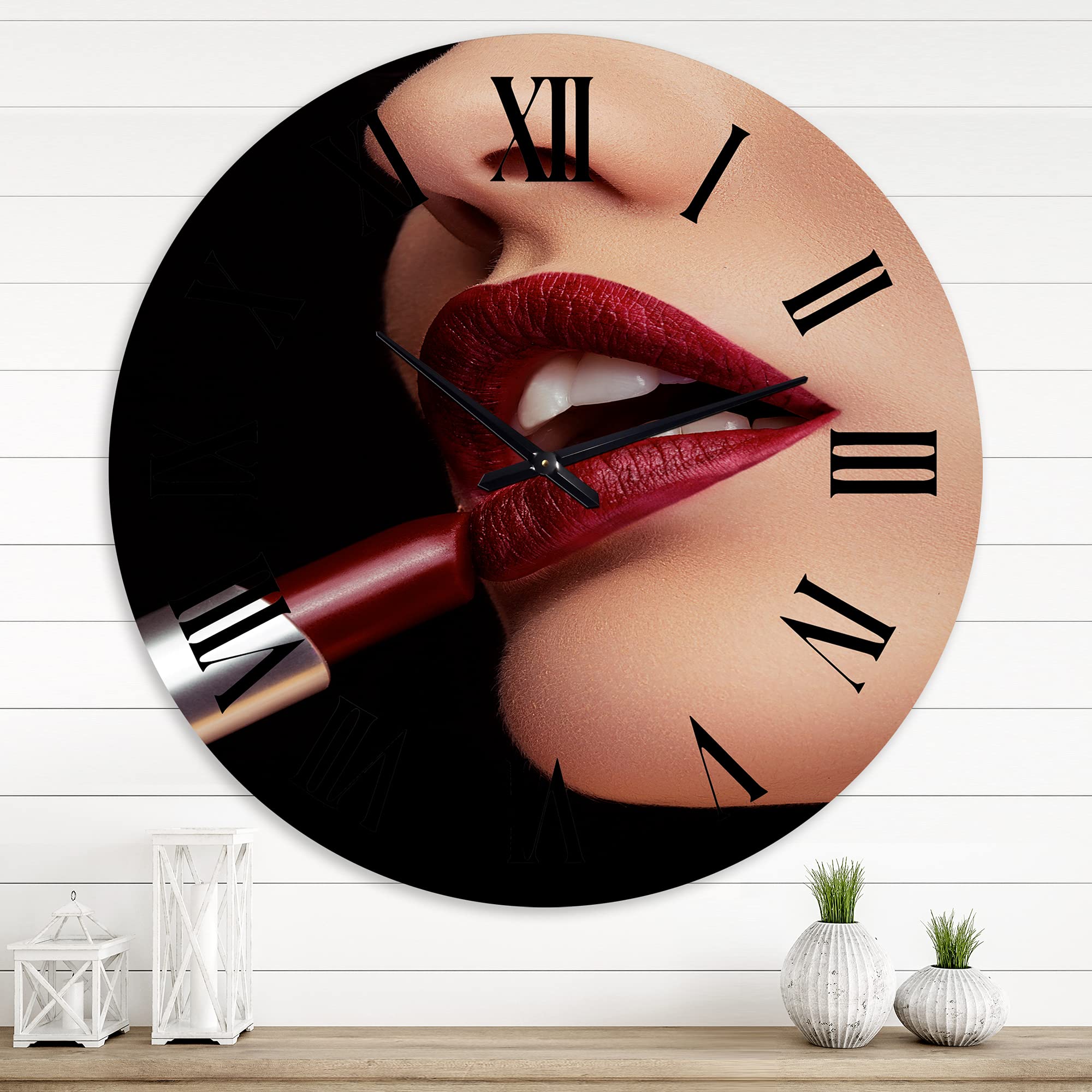 DesignQ Modern Large Wall Clock - 'Applying Red Lipstick' Art Decor for Kitchen, Living Room, Bedroom & Office | Silent Non-Ticking Battery Operated