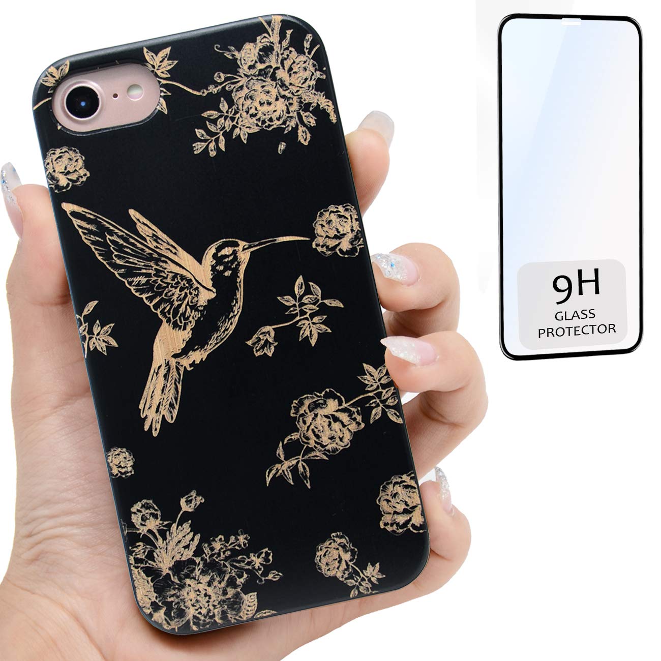 Premium Wooden Phone Case Compatible with iPhone 8 Plus/7 Plus/6 Plus/6S Plus - Black Bamboo Cover with Hummingbird Engraving & Built-in Metal Plate (5.5 Inch) + Free Screen Protector | Eco-Friendly Protective Case for Daily Use, Travel & Outdoor Activities