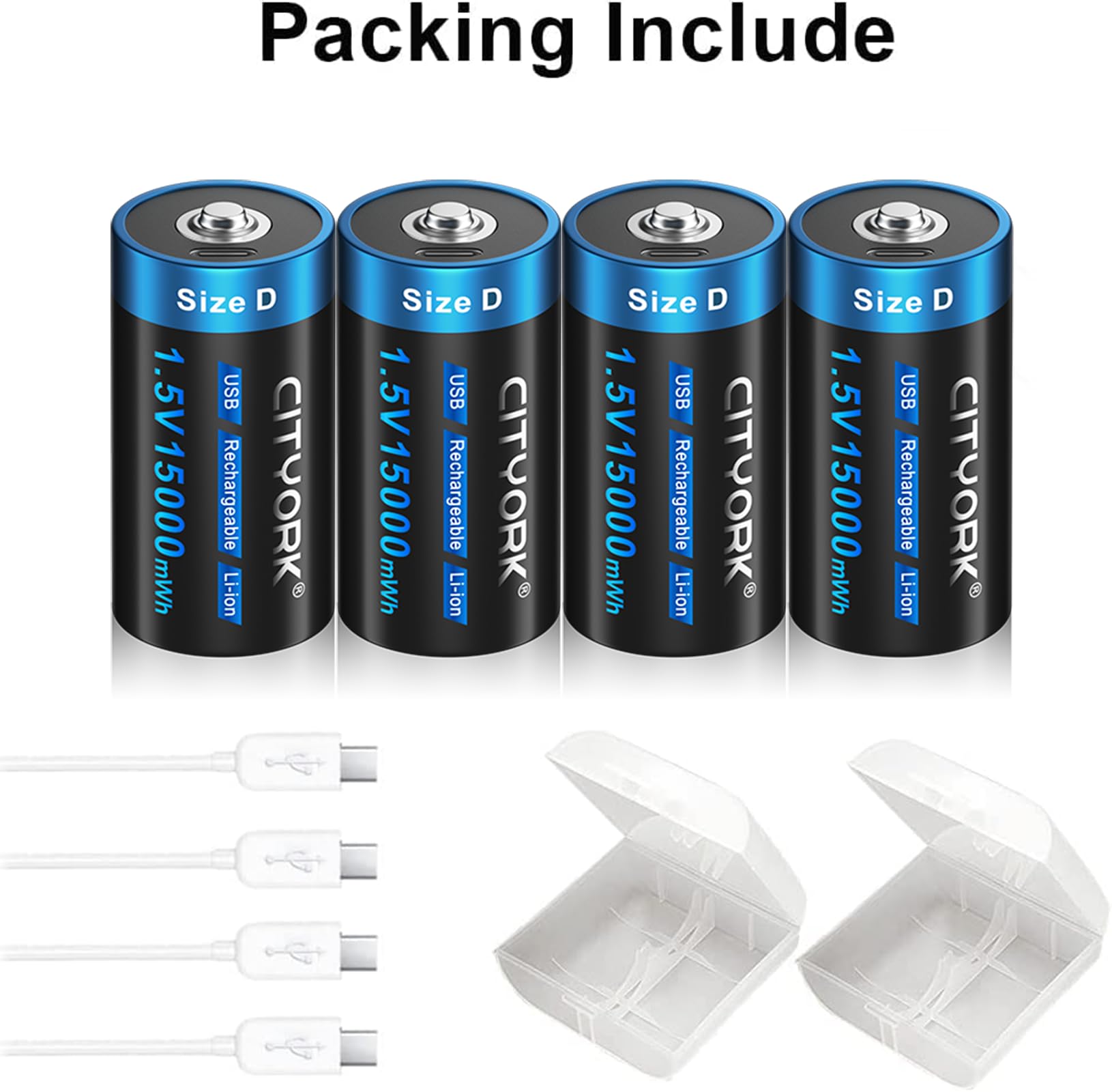 CITYORK 4 Pack USB Rechargeable D Batteries 15000mWh 1.5V High Capacity Li-ion D Size Batteries with USB-C Cable - Perfect for Flashlights, Toys, Radios & Emergency Power Supply