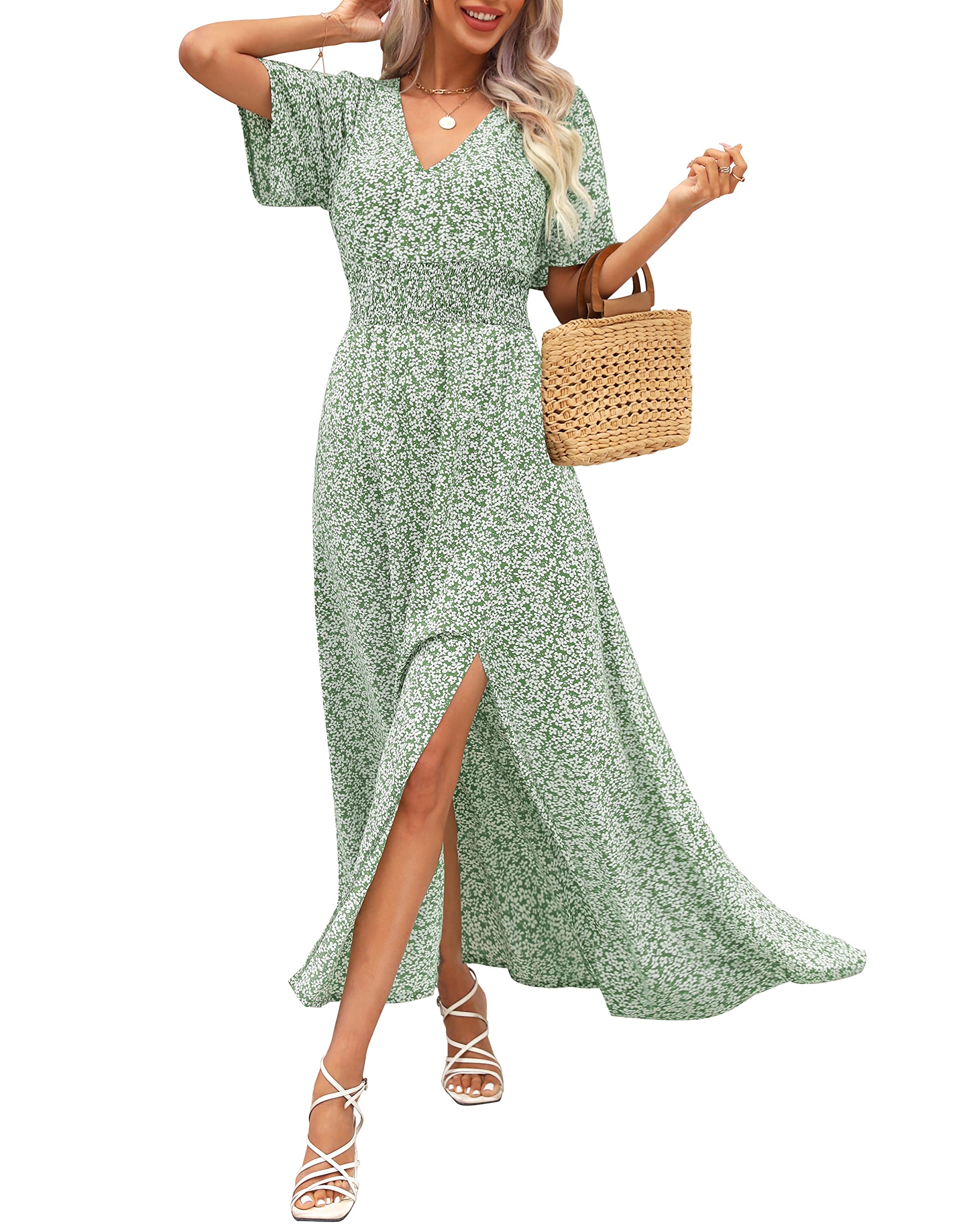 Kranda Women's Floral Boho Maxi Dress - V Neck, High Waist, Short Sleeve, Flowy Swing Beach Dress for Summer & Spring | Perfect for Vacations, Weddings & Casual Outings