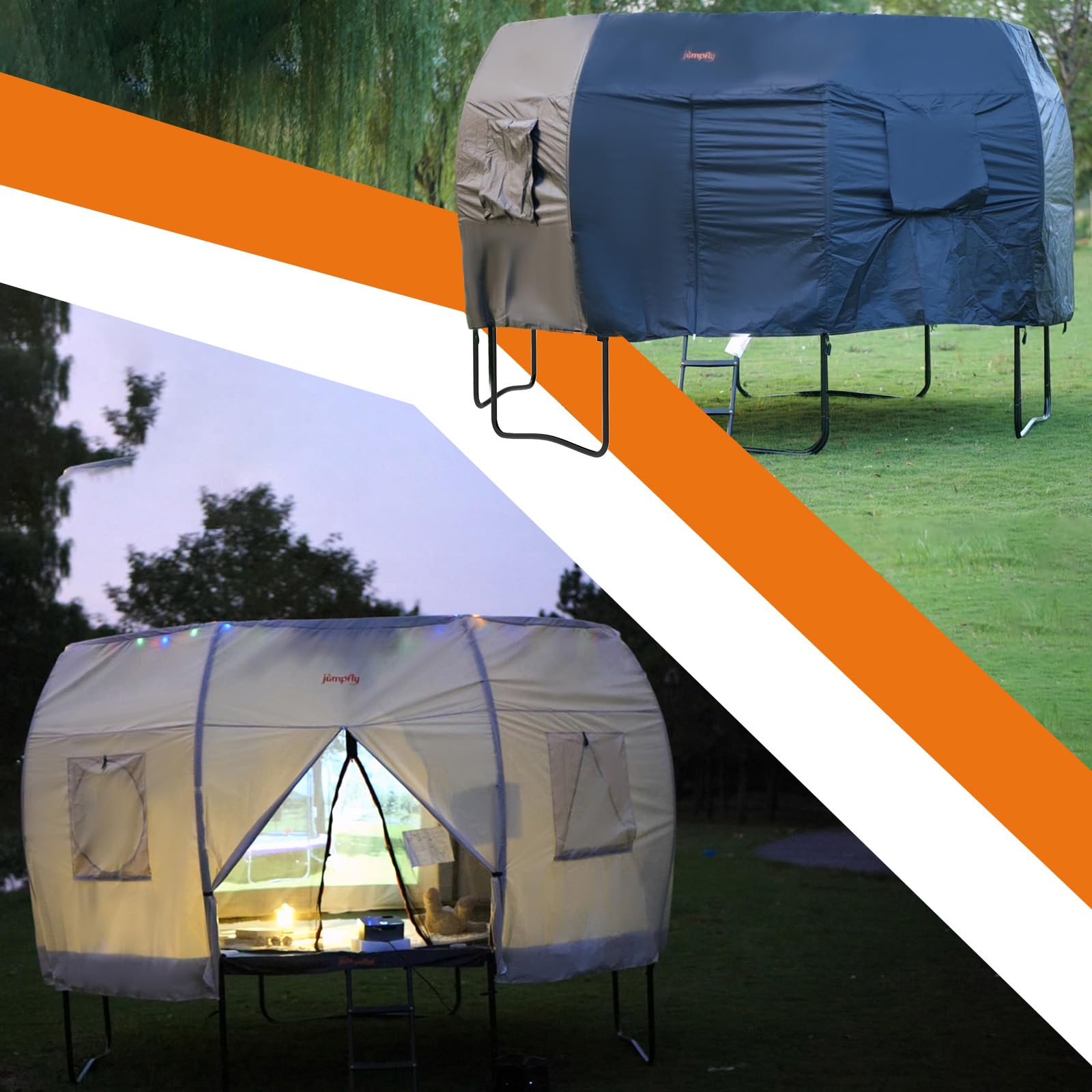 JumpFly 14FT Trampoline Tent for Kids (Tent Only) - Fits 6 Curved Poles Round Trampoline, LED Light Shade Cover, Durable Anti-Tear Canopy for Outdoor Play & Camping (Black/Light Brown) - Perfect for Backyard Fun, Summer Shade & Sleepovers