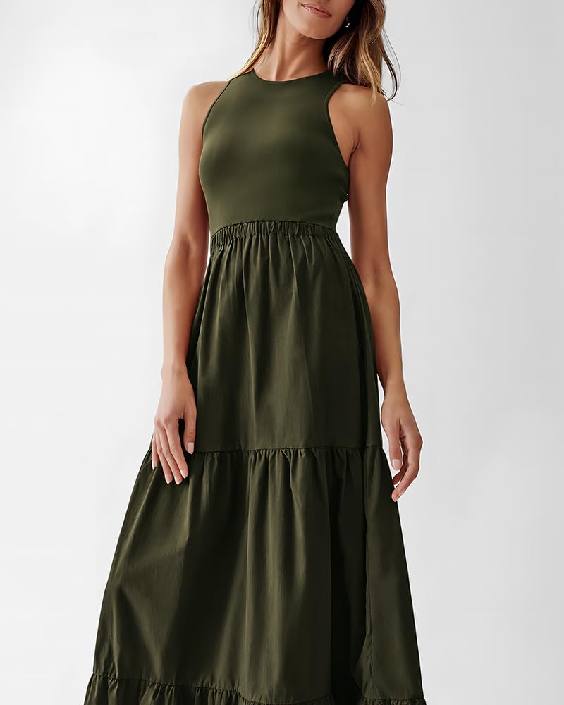 BTFBM Women's Sleeveless Summer Wedding Guest Maxi Dress - Ribbed Knit Top & Polyester Skirt with Pockets - Perfect for Beach Vacations, Garden Parties & Cocktail Events