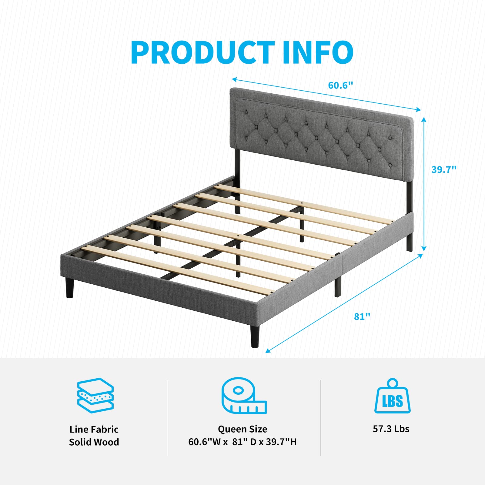 Mjkone Queen Size Bed Frame with Adjustable Headboard - Dark Grey Upholstered Platform Bed, No Box Spring Needed, Modern Tufted Design for Bedroom & Apartment | Perfect for Small Spaces, Guest Rooms & Master Bedrooms