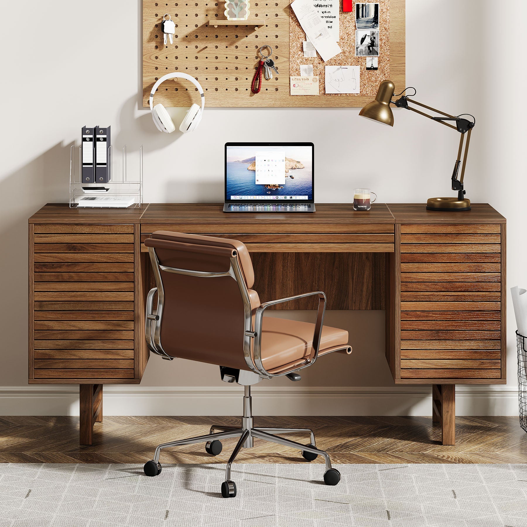 Solid Wood Computer Desk - 59 Inch Home Office Desk with Storage Drawers, Ergonomic Study Desk for Work from Home & Remote Learning
