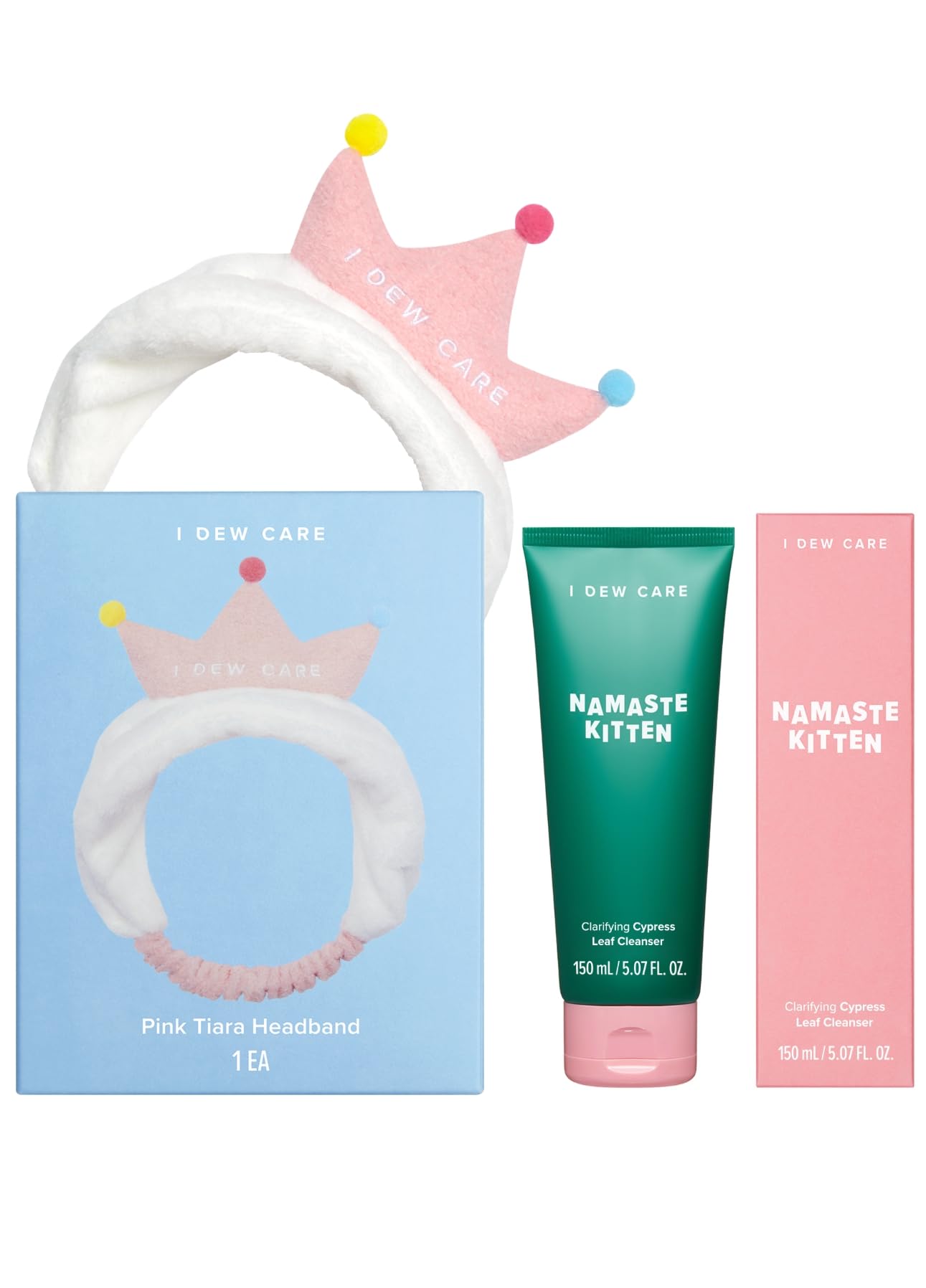 I DEW CARE Pink Tiara Face Wash Headband & Korean Acne Cleanser Bundle - Namaste Kitten Skincare Set for Spa & Home Facial Routine