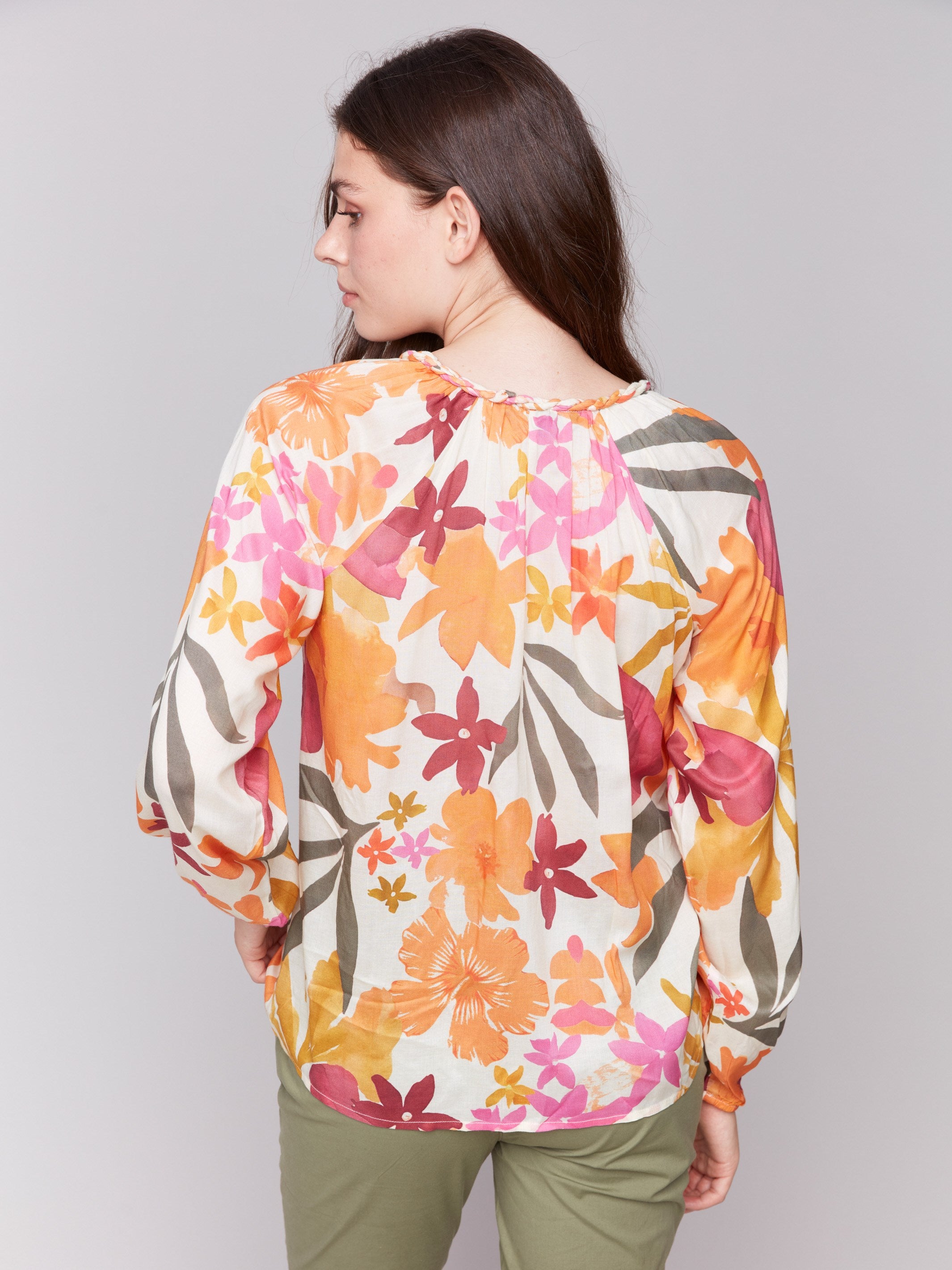 Printed Viscose Long Sleeve Popover Blouse - Floral Bouquet Design Women's Tops for Work, Office & Casual Wear