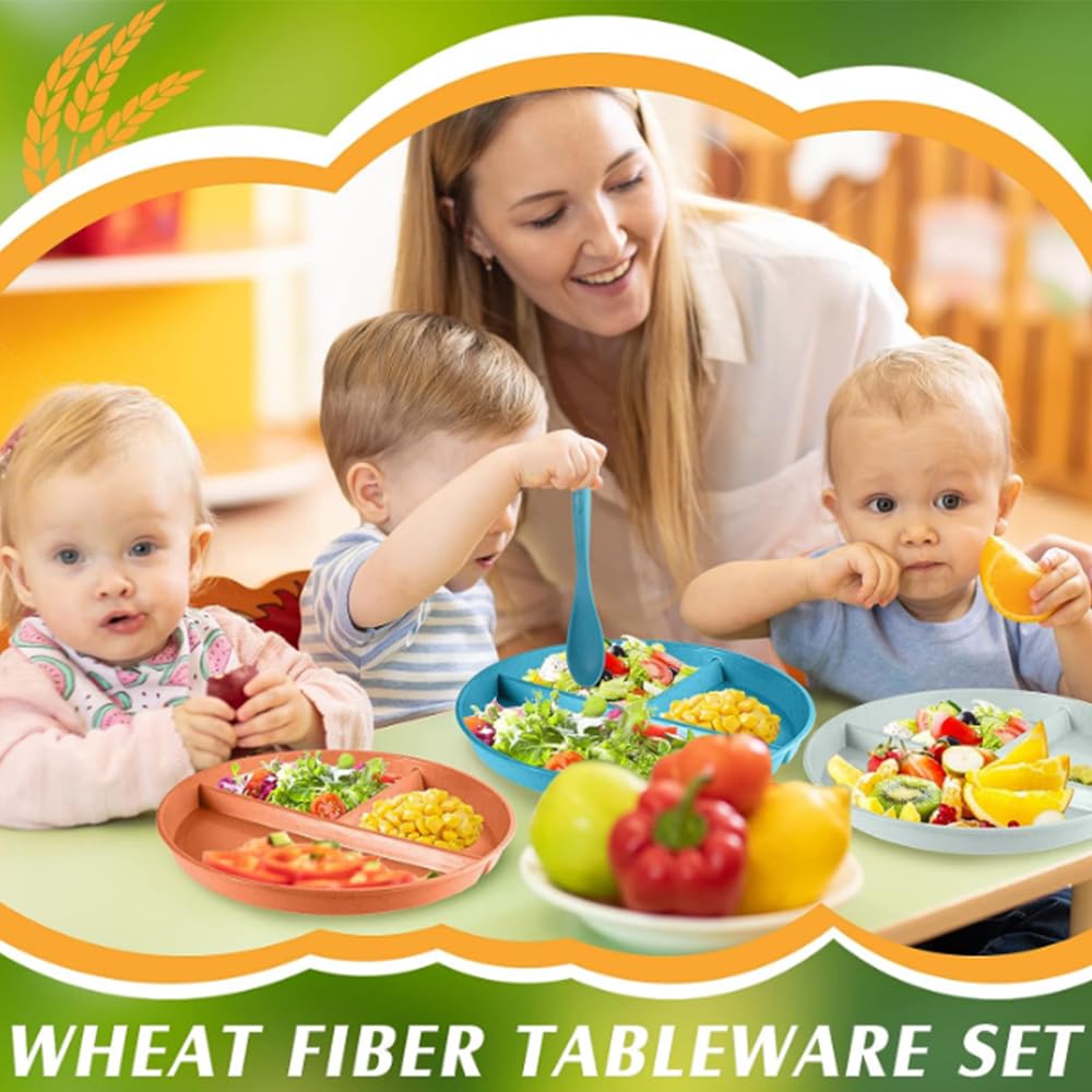 Unbreakable 5-Piece Divided Dinner Plate Set - 9 Inch BPA-Free Wheat Straw Portion Control Plates for Healthy Eating, Bariatric Diet & Kids | Microwave & Dishwasher Safe for Everyday Meals
