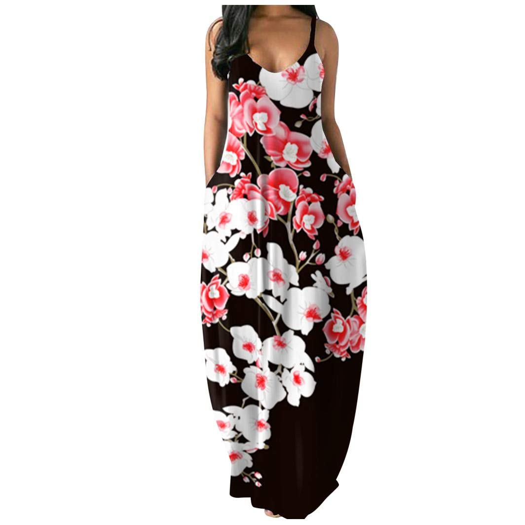 Women's Floral Print Sleeveless Summer Dress - Loose Casual Long Dress with Pockets, Perfect for Beach, Vacation & Outdoor Activities