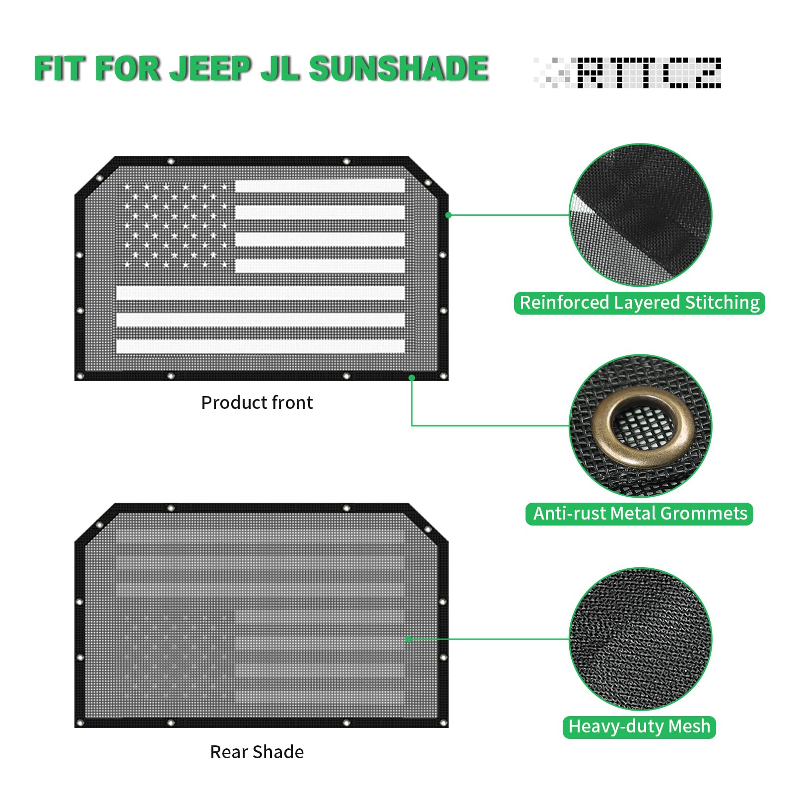 Jeep JL Bikini Top Sunshade Mesh with US Flag Design - Black Mesh Sun Shade for Jeep Wrangler JL/JLU & Gladiator JT (2018+ Models) | UV Protection & Off-Road Accessories for Summer Beach & Outdoor Adventures