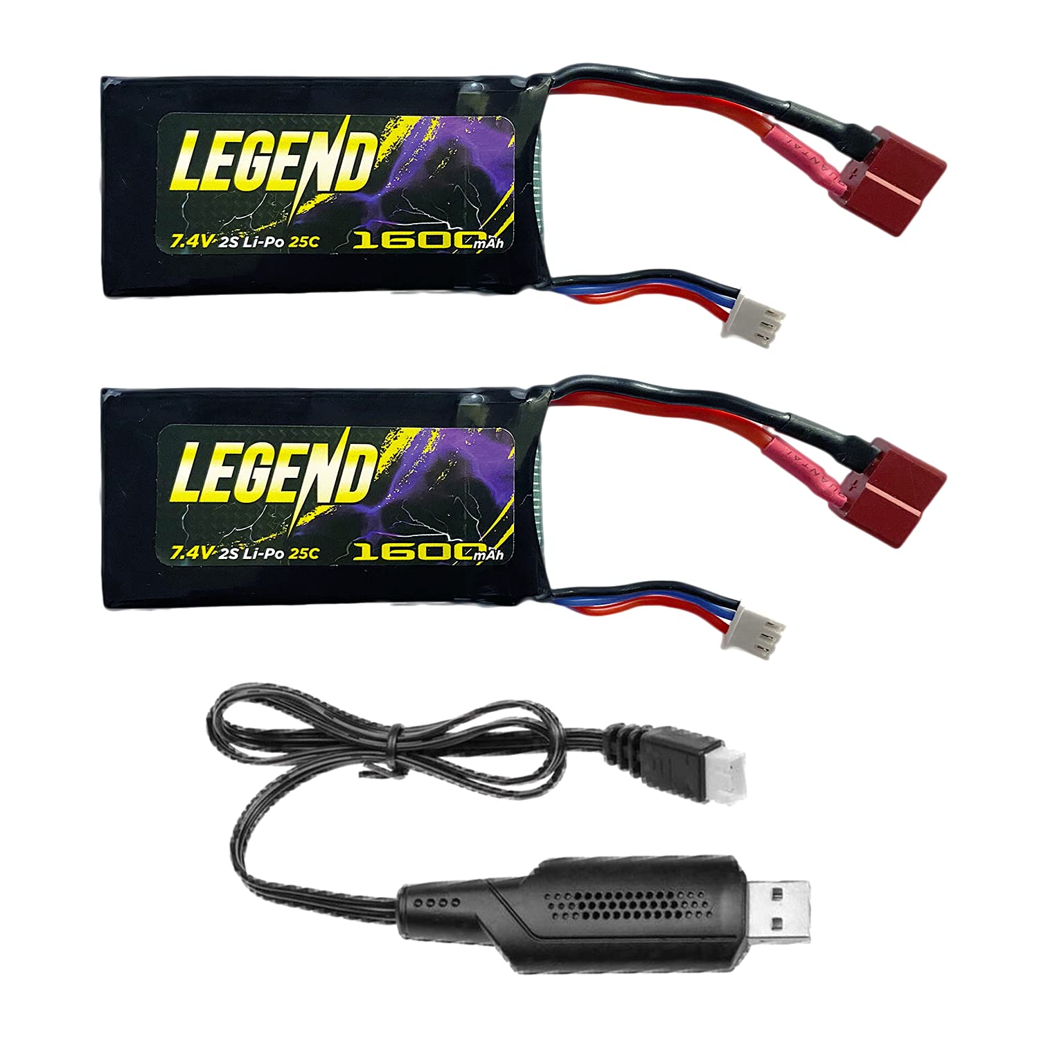 LAEGENDARY 2-Pack 1600mAh 7.4V Li-Po RC Car Replacement Battery with USB Charger - Compatible with 1:10 Scale Legend Truck - Extended Double Run Time - Perfect for Off-Road Racing and RC Car Enthusiasts