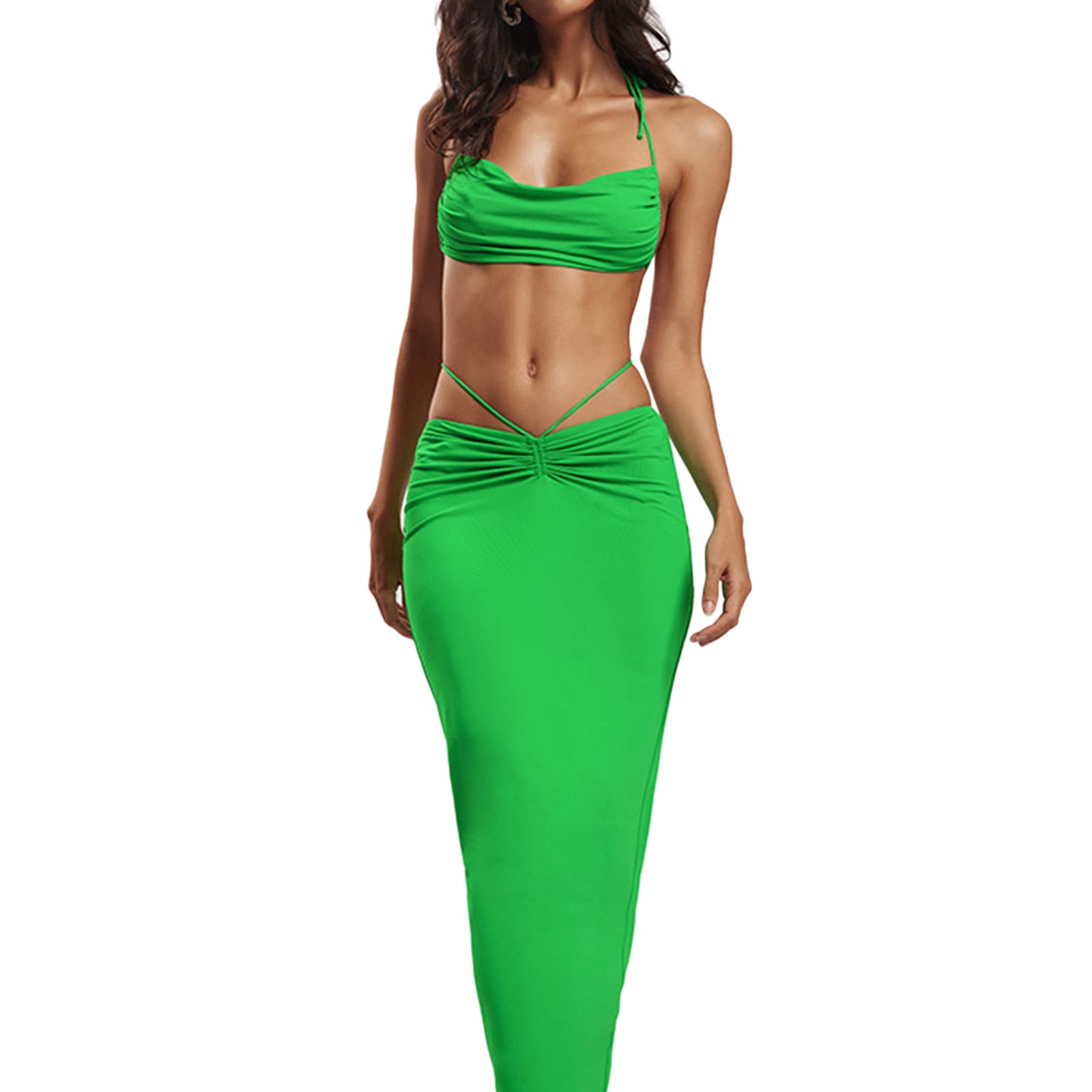 Stylish Women's Summer Outfits - Halterneck Sleeveless Backless Tops with Casual Bandage Long Skirt Set | Perfect for Beach Vacation, Date Night & Summer Parties