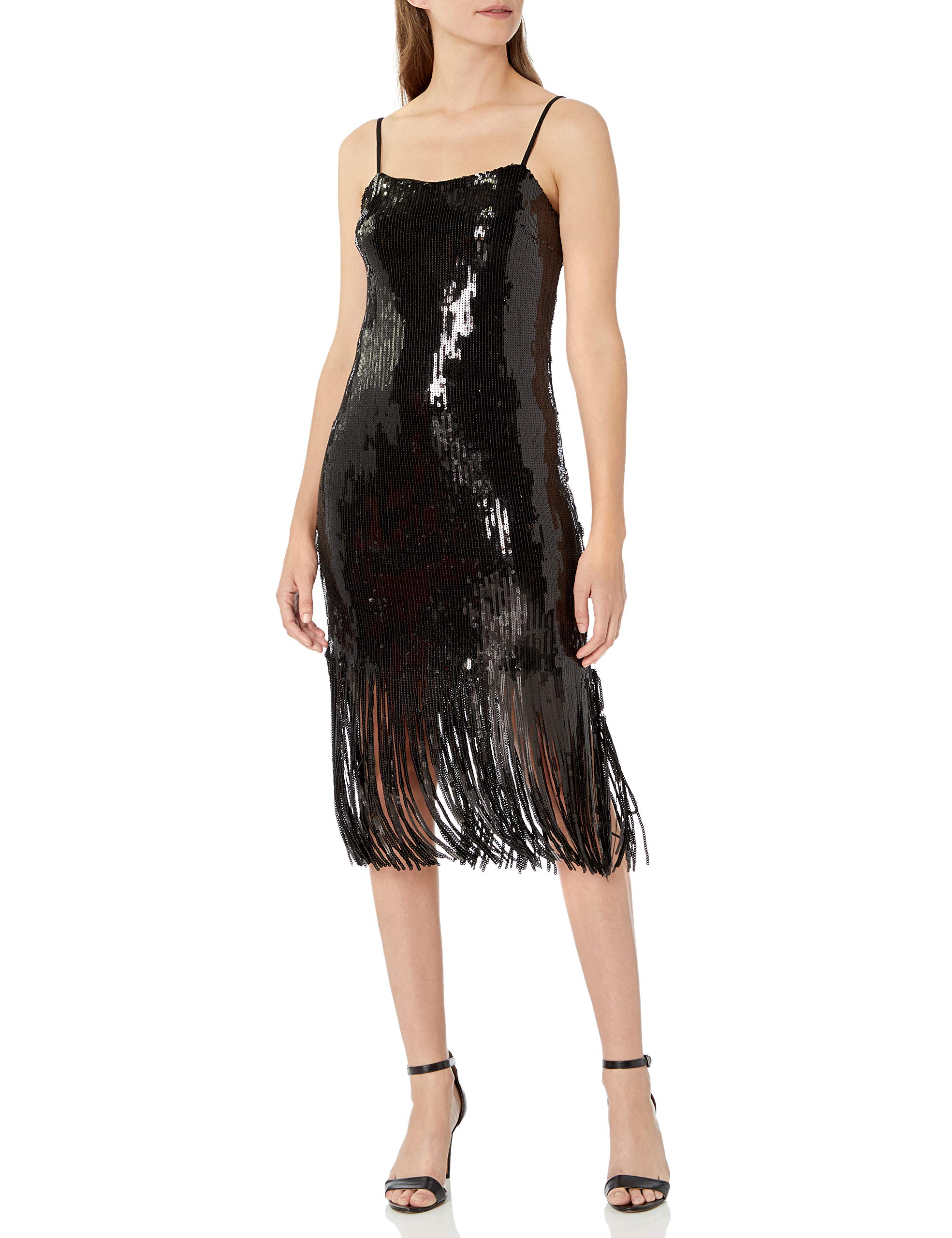 Donna Morgan Women's Stretch Sequin Sleeveless Fringe Hem Cocktail Dress - Perfect for Evening Parties, Holiday Events & Special Occasions