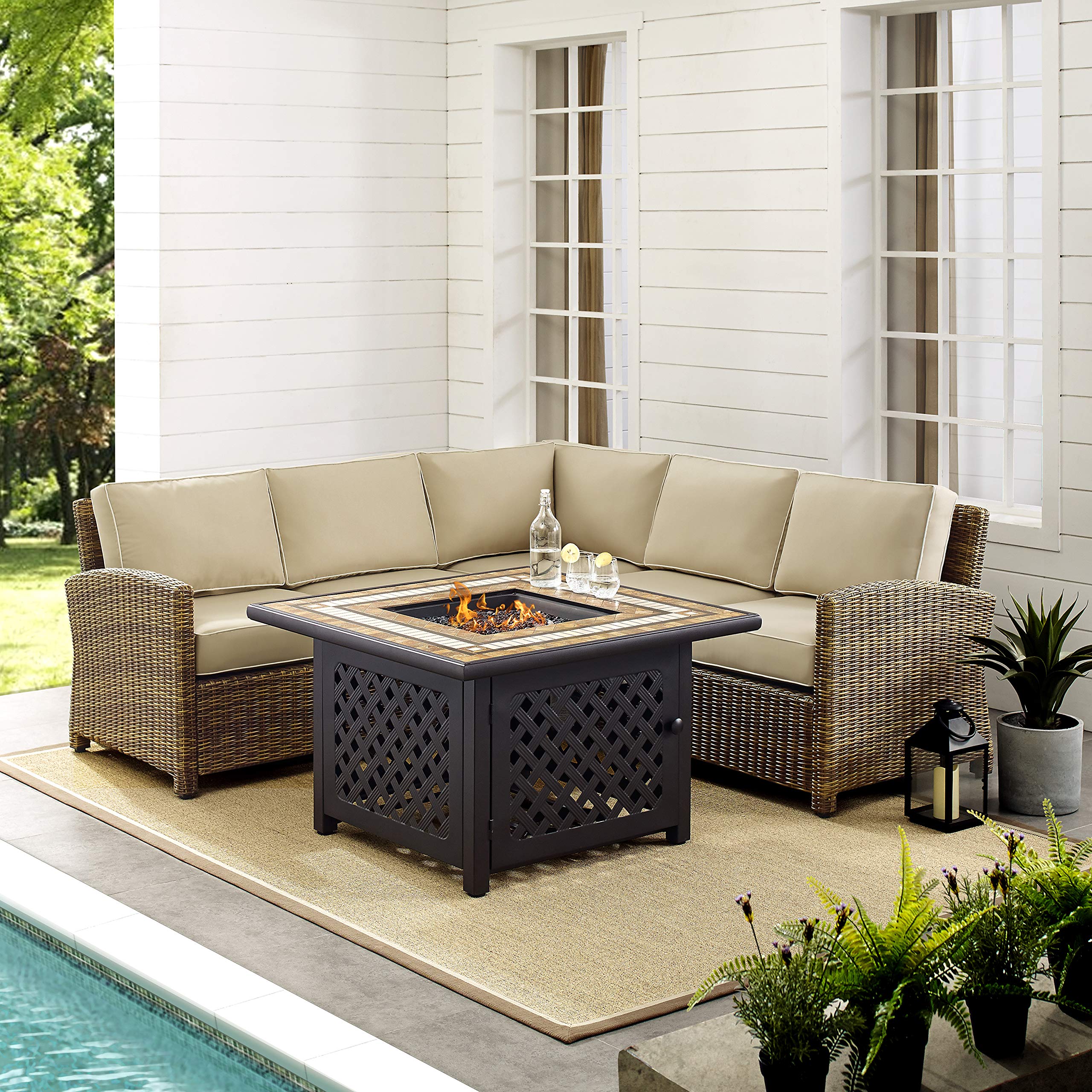 Crosley Bradenton 4-Piece Wicker Outdoor Sectional Sofa Set with Fire Pit Table & Sand Cushions - Brown Patio Furniture for Backyard, Garden & Poolside Relaxation
