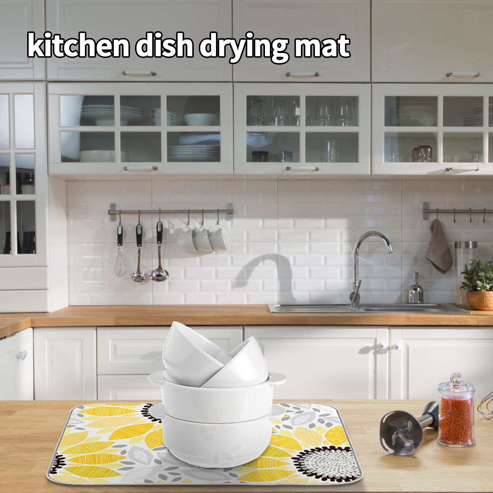 Absorbent Sunflower Dish Drying Mat 18x24 Inch - Non-Slip Kitchen Counter Drying Pad for Plates, Cups & Utensils | Perfect for Kitchen Countertops, Sink Areas & Dish Racks