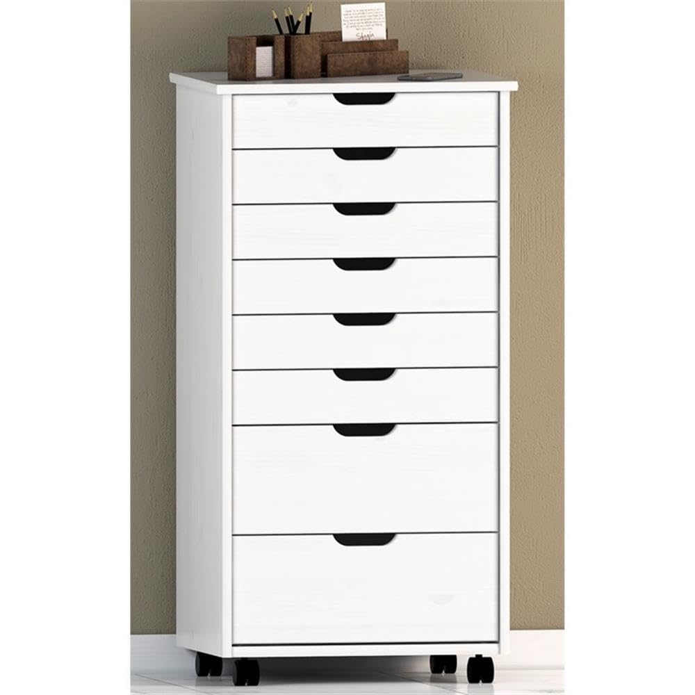 8-Drawer White Wash Wood Storage Cart - Transitional Style Organizer for Bedroom, Bathroom, or Office Storage