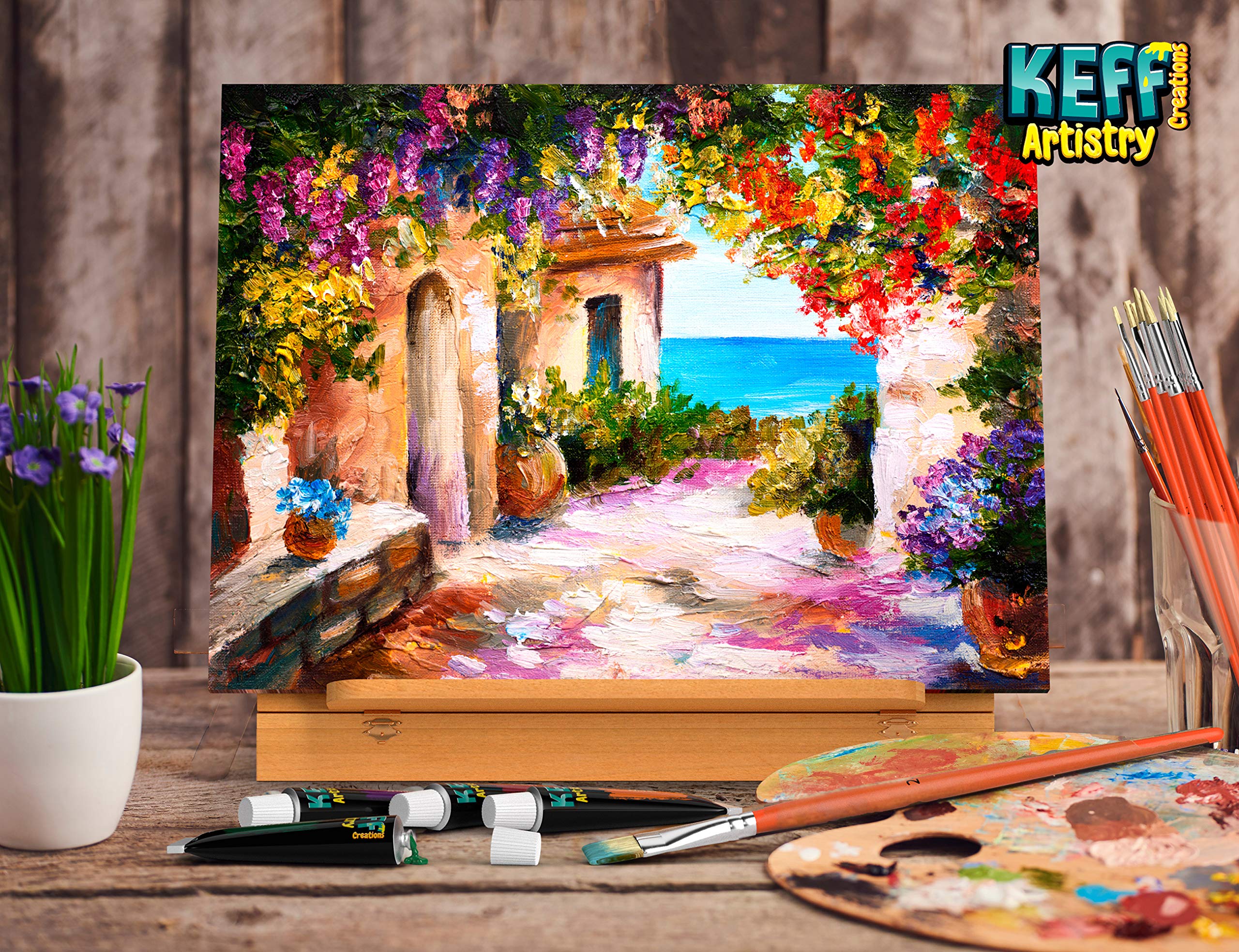 Premium KEFF Oil Painting Kit - 24 Vibrant Oil Paints, Stretched Canvas, Wooden Easel, Brushes & Palette Knives Set for Artists & Beginners | Perfect for Home Studio, Classroom & DIY Art Projects
