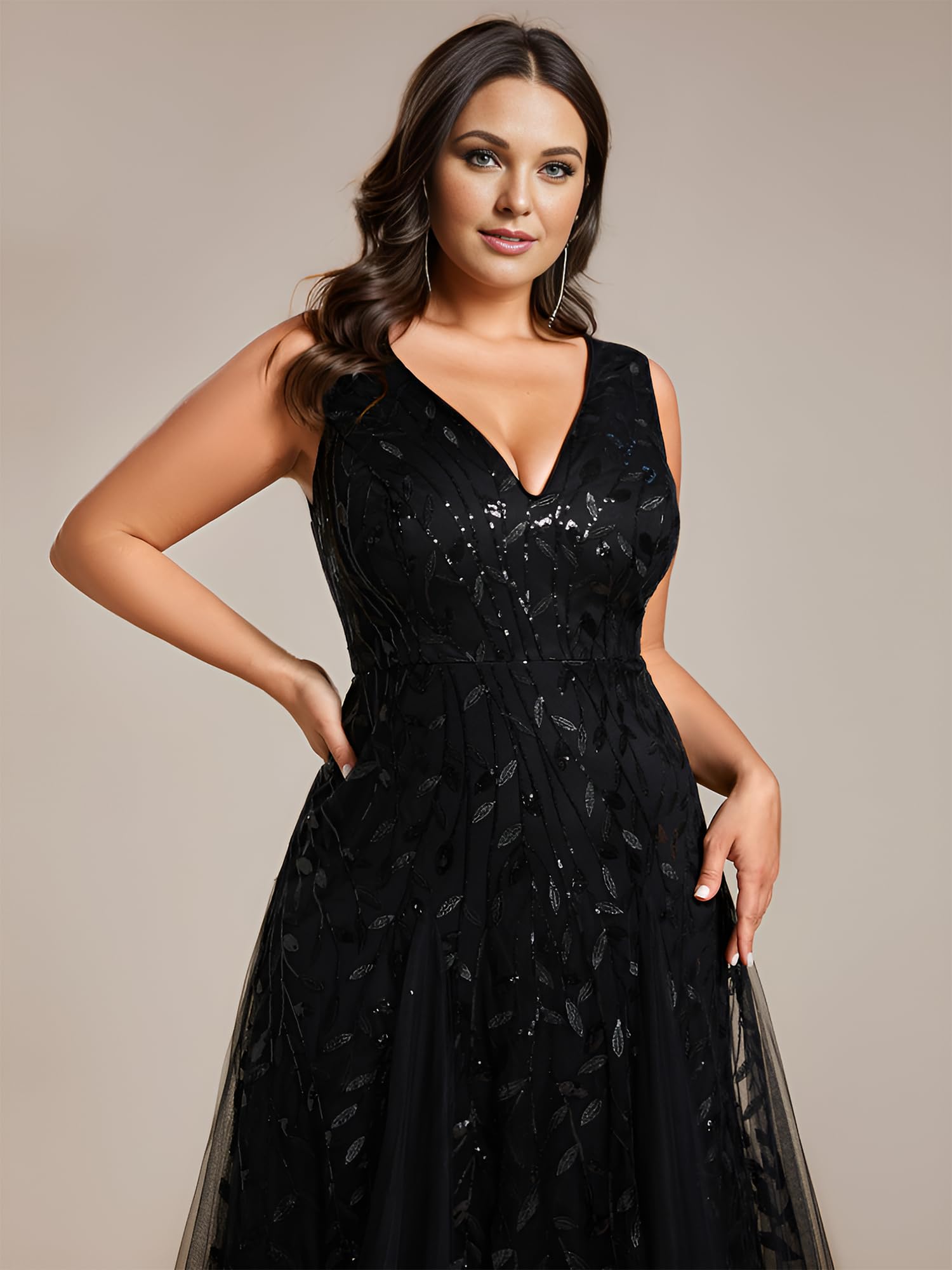 Ever-Pretty Women's Plus Size V-Neck A-Line Sleeveless Sequin Embroidered Formal Dress for Prom, Evening Gala & Special Occasions
