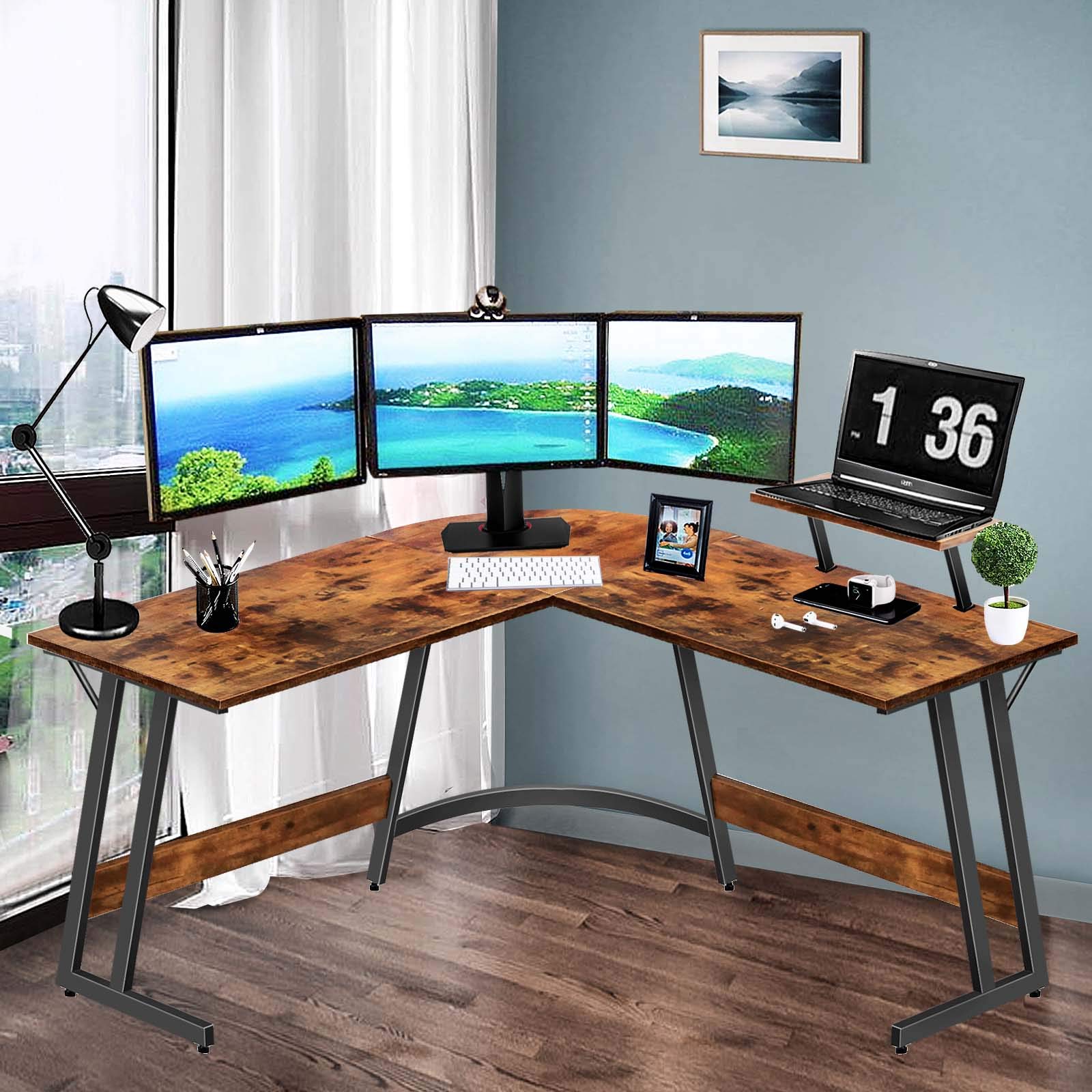 L Shaped Desk 51 Inch - Home Office Computer Corner Desk, Small Writing Study Workstation with Monitor Stand, Space Saving Rustic Brown - Perfect for Gaming, Remote Work & Small Spaces