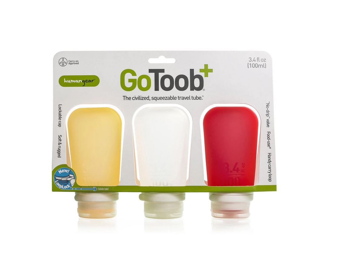 Humangear Go Toob+ 3.4oz / 100mL Leak-Proof Travel Bottles (3-Pack) - Perfect for Toiletries, Cosmetics & Liquids on Airplane Trips, Camping & Gym