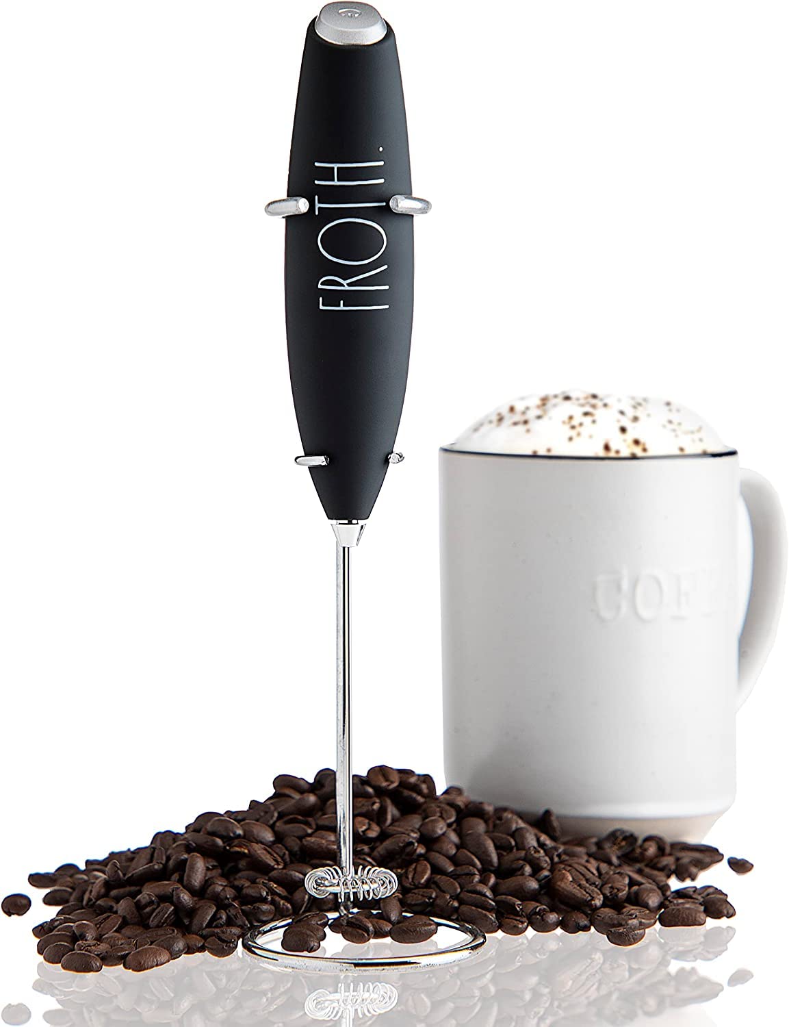Rae Dunn Electric Milk Frother - Handheld Drink Mixer for Coffee, Latte & Frappe | Battery Operated Milk Foamer & Blender (Black) | Perfect for Home, Office & Cafe Use