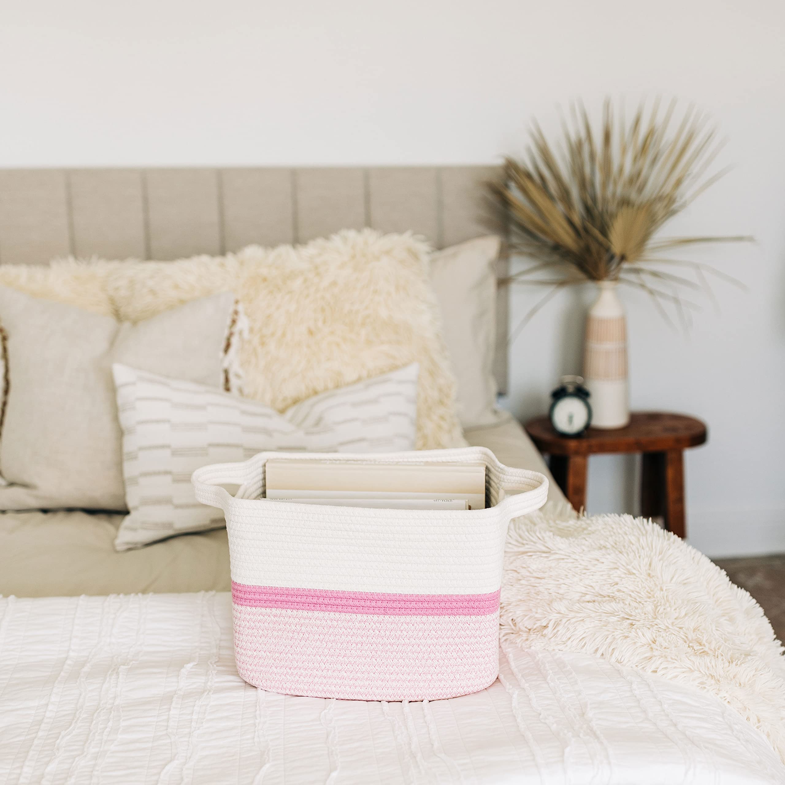 OrganiHaus Boho Book Basket - Soft Cotton Rope Storage Bin for Nursery, Living Room & Bedroom - Decorative Woven Basket for Books, Blankets, Toys & Magazines - Pink Home Organizer (14x9 Inches)