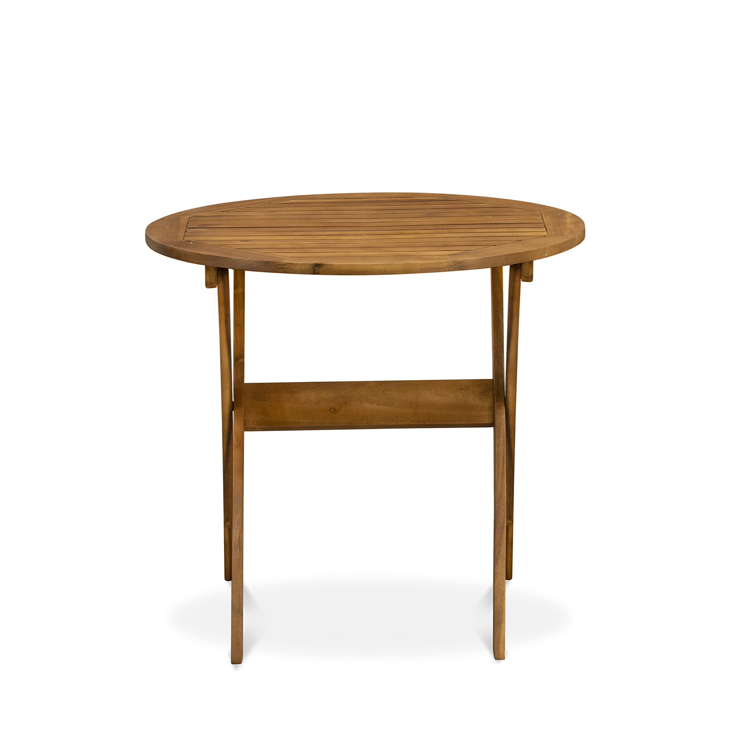 East West Furniture MNBS3CANA Marion 3-Piece Outdoor Patio Conversation Bistro Set - Round Acacia Wood Coffee Table & 2 Folding Arm Chairs, 30x30 Inch, Natural Oil Finish - Perfect for Garden, Balcony, and Backyard Relaxation