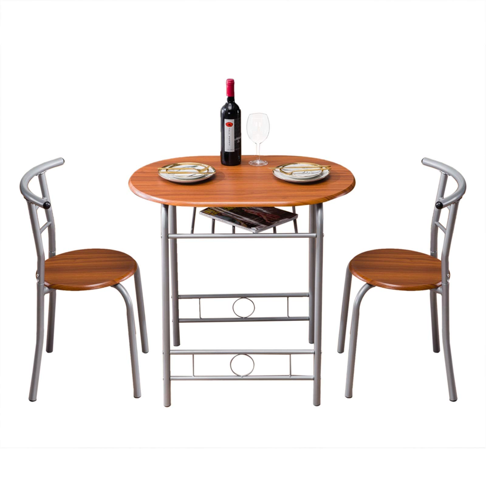 3-Piece Wooden Breakfast Table and Chair Set with Wine Rack - Modern Kitchen Dining Furniture with Metal Legs for Small Spaces, Apartments, Breakfast Nook - Perfect for Morning Coffee, Family Meals & Home Decor in Retro Brown