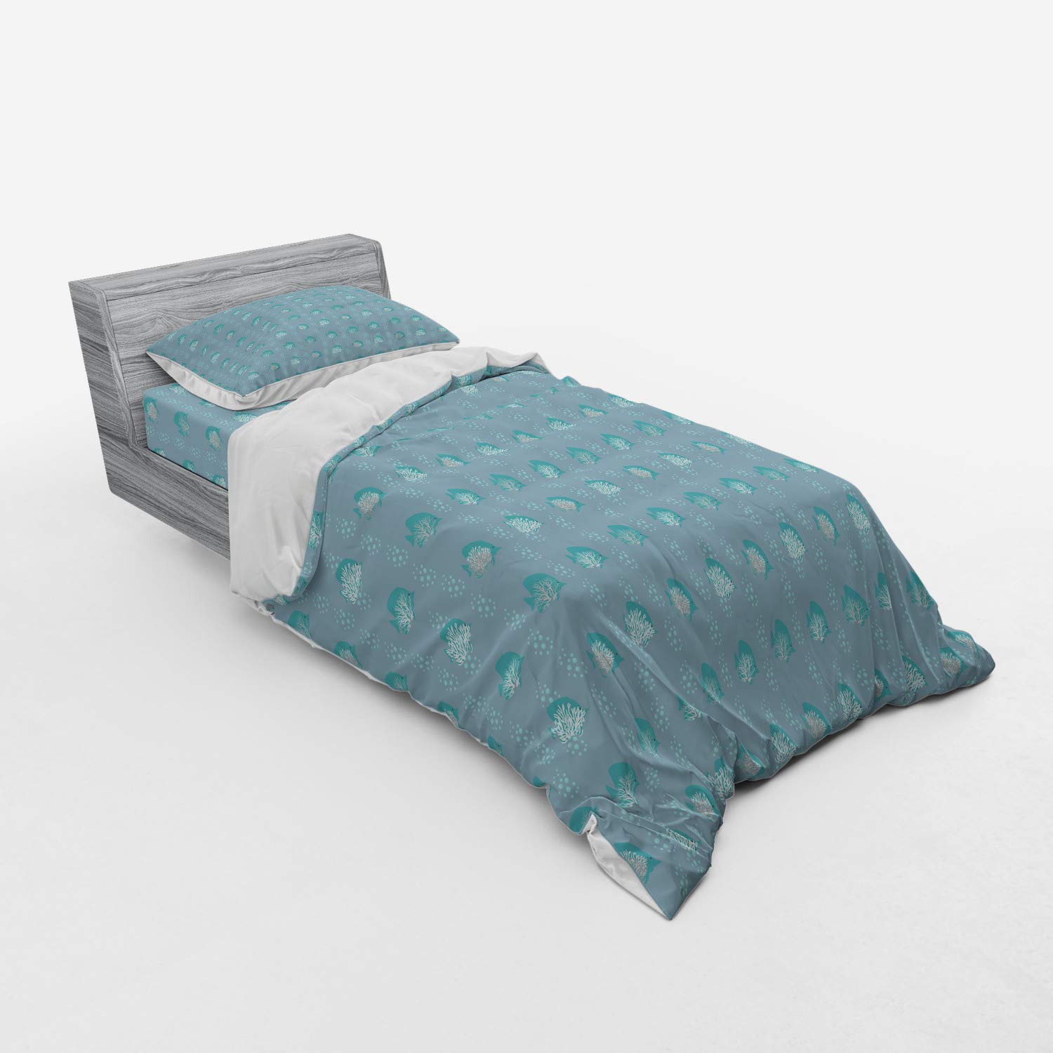 Ambesonne Fish Coral Underwater Duvet Cover Set - 3 Piece Twin Size with Sham & Fitted Sheet - Slate Blue Seafoam - Ocean Themed Bedding for Kids & Adults - Perfect for Beach House Decor & Underwater Bedroom Theme