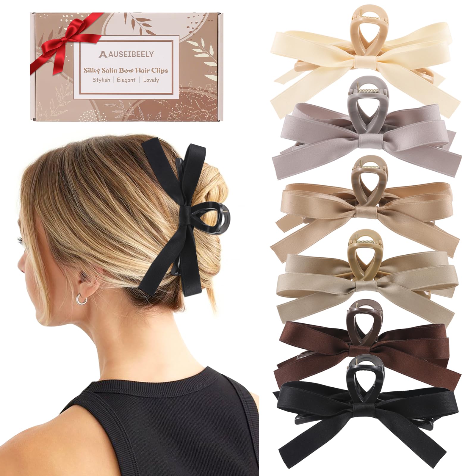 Auseibeely 6 PCS Silky Satin Bow Hair Clips - Non-Slip Hair Accessories for Women & Girls, Perfect for Thin & Thick Hair - Ideal for Weddings, Bridesmaids, Parties & Everyday Styling
