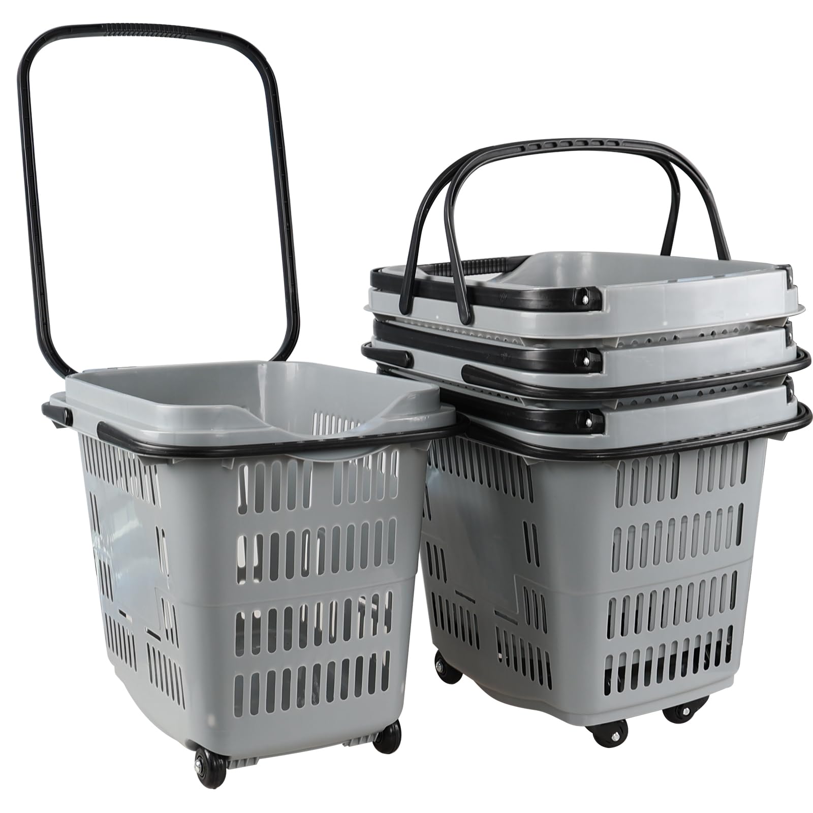 50L Plastic Rolling Shopping Basket with Handles - Portable Retail Cart for Supermarket, Grocery Store & Warehouse (4 Pack) - Ideal for Shopping, Stocking Shelves & Home Organization