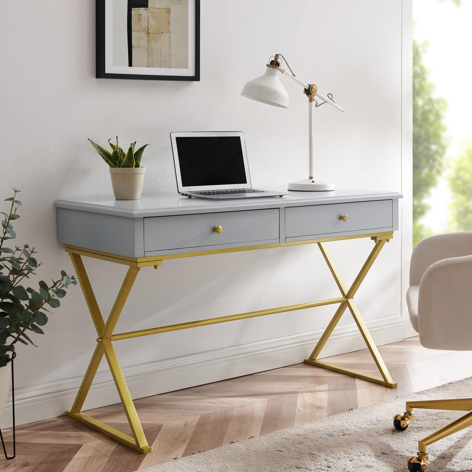 Linon Campaign 2-Drawer Writing Desk in Grey - Compact Home Office Furniture for Small Spaces, Study & Workstation Use