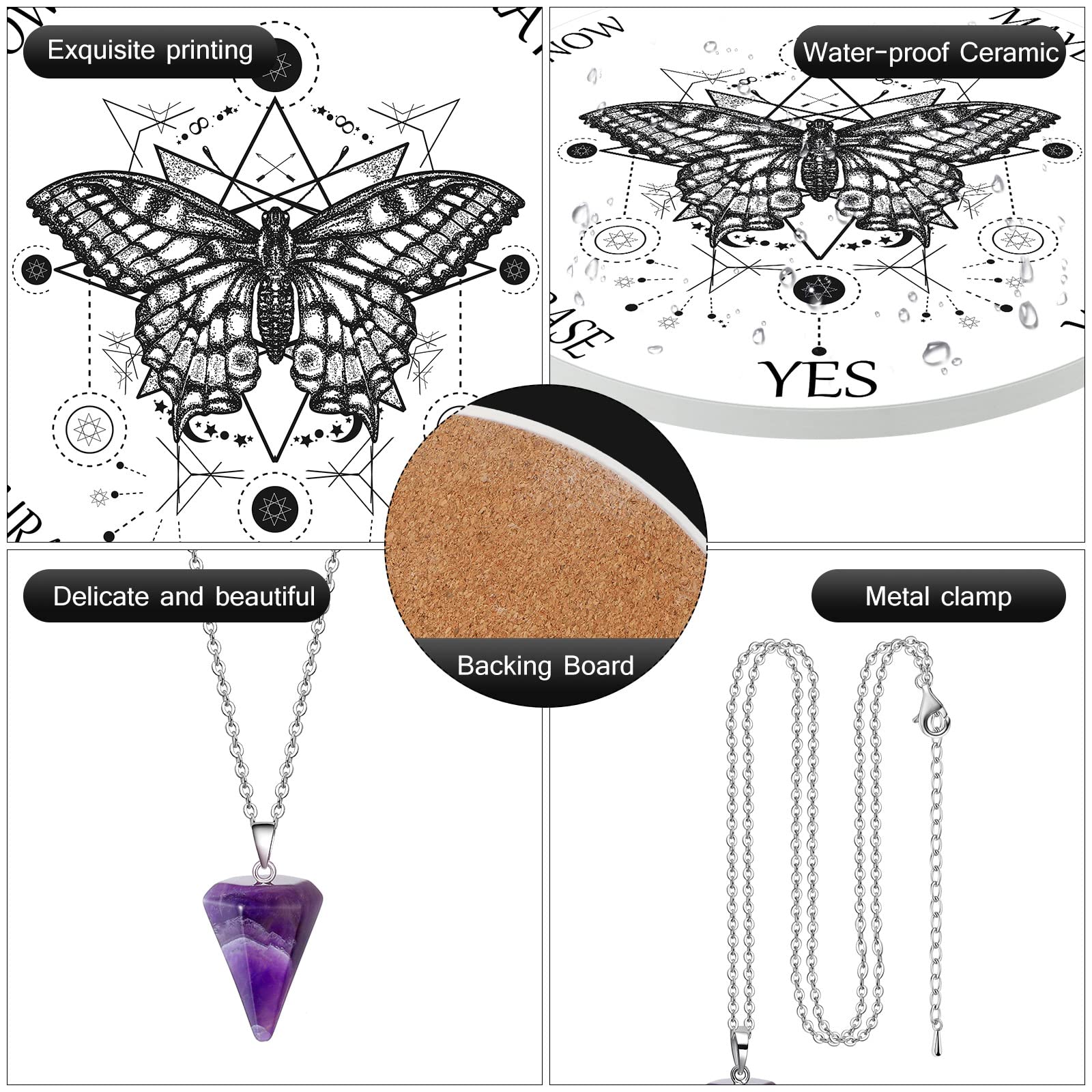 Butterfly Pendulum Board for Dowsing & Divination - Crystal Pendulum Necklace Set for Witchcraft, Altar Supplies & Metaphysical Practices - Perfect for Beginners (Ceramic Board) - Ideal for Spiritual Guidance, Energy Work & Witchcraft Rituals