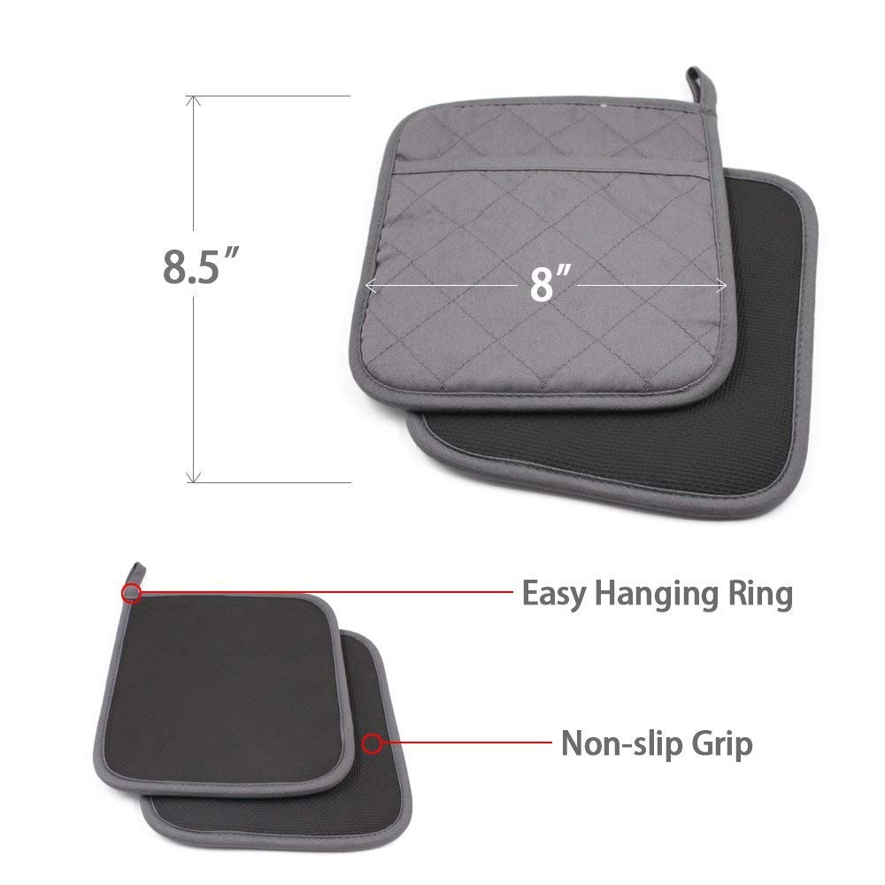 2-Pack Gray Heat Resistant Oven Mitts with Pockets - Non-Slip Kitchen Pot Holders for Baking, Cooking & Grilling (8