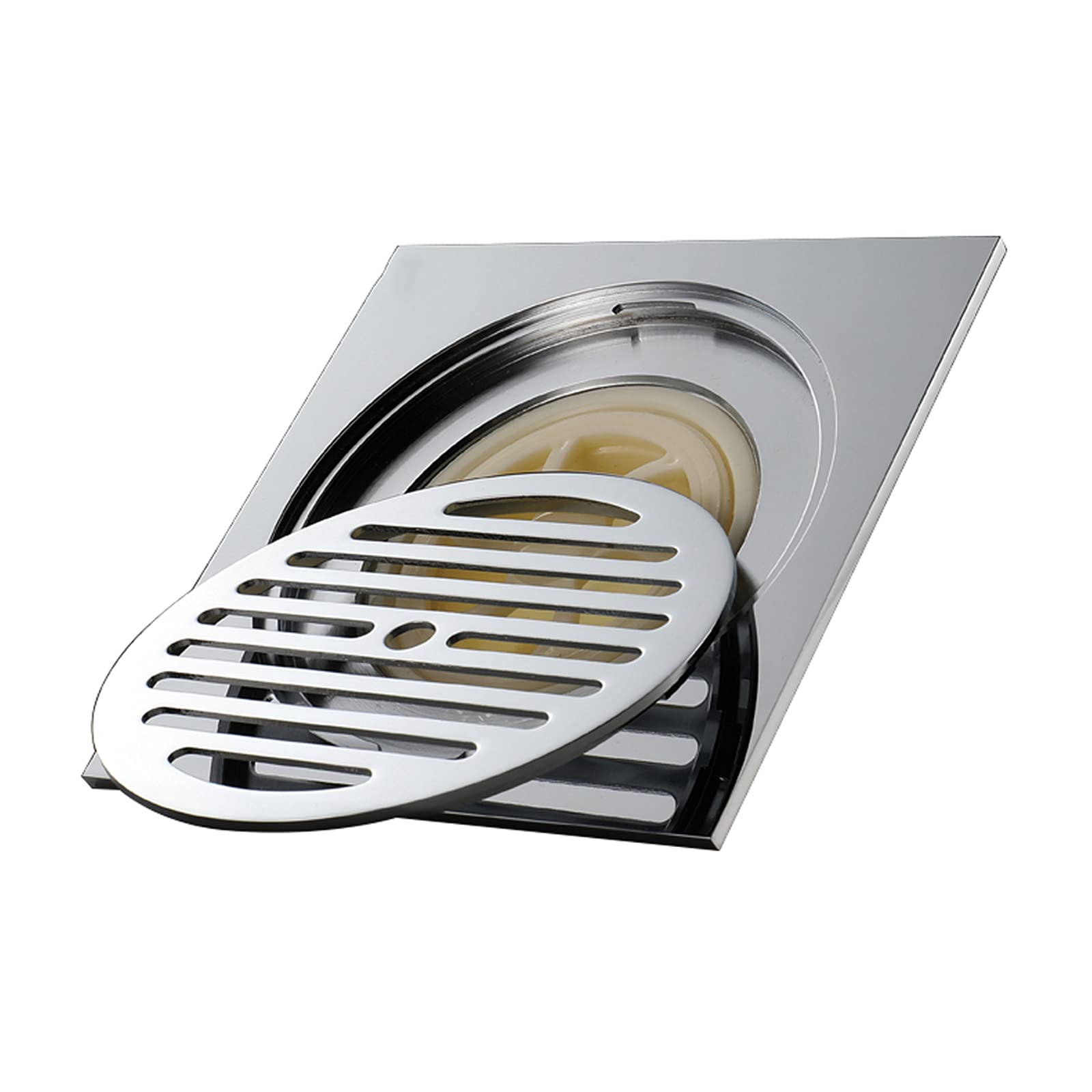 6 Inch Square Brass Shower Drain - Chrome Floor Drain with Removable Cover Grate for Bathroom & Shower | Durable Water Drainage Solution for Wet Rooms, Walk-in Showers, and Spa Areas