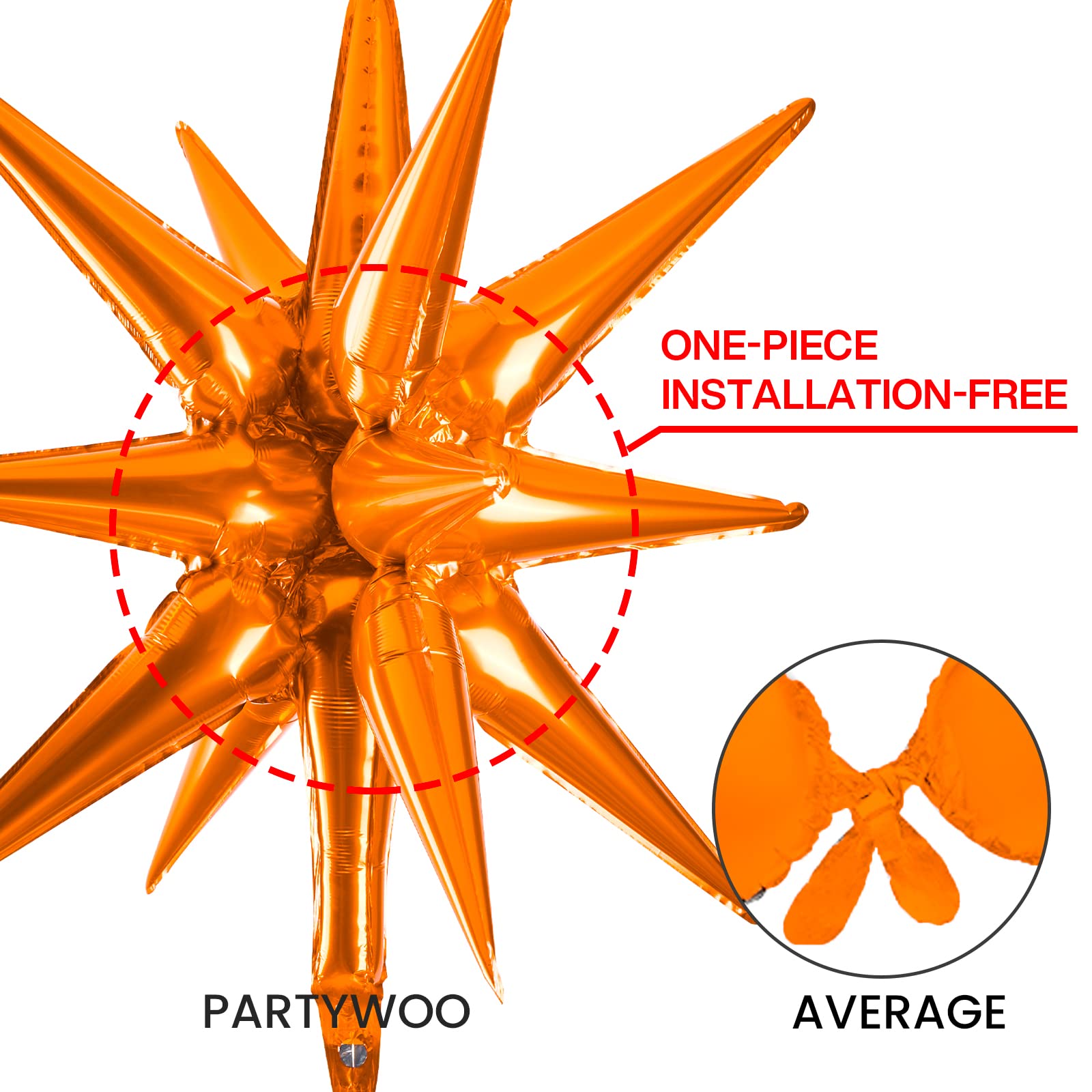 PartyWoo Orange Star Balloons 6 Pack - 14-Pointed Starburst Foil Balloons (22 & 27 Inch) with Ribbon - Large Mylar Star Balloons for Birthday Parties, Baby Showers, Graduation Decorations & Special Events