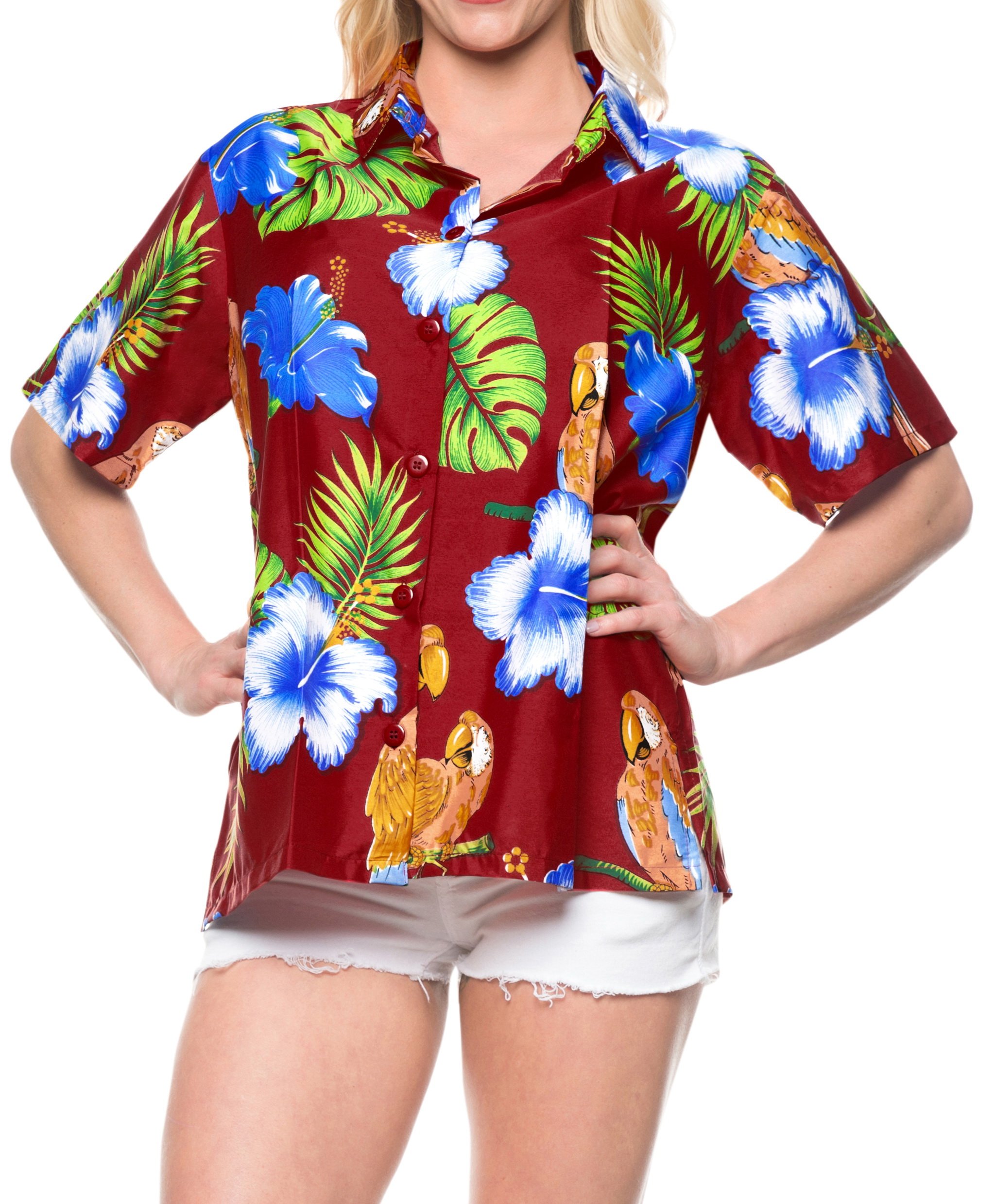 LA LEELA Women's Short Sleeve Hawaiian Beach Blouse Shirt - Floral Print Vacation Top for Summer, Pool Party & Tropical Getaways