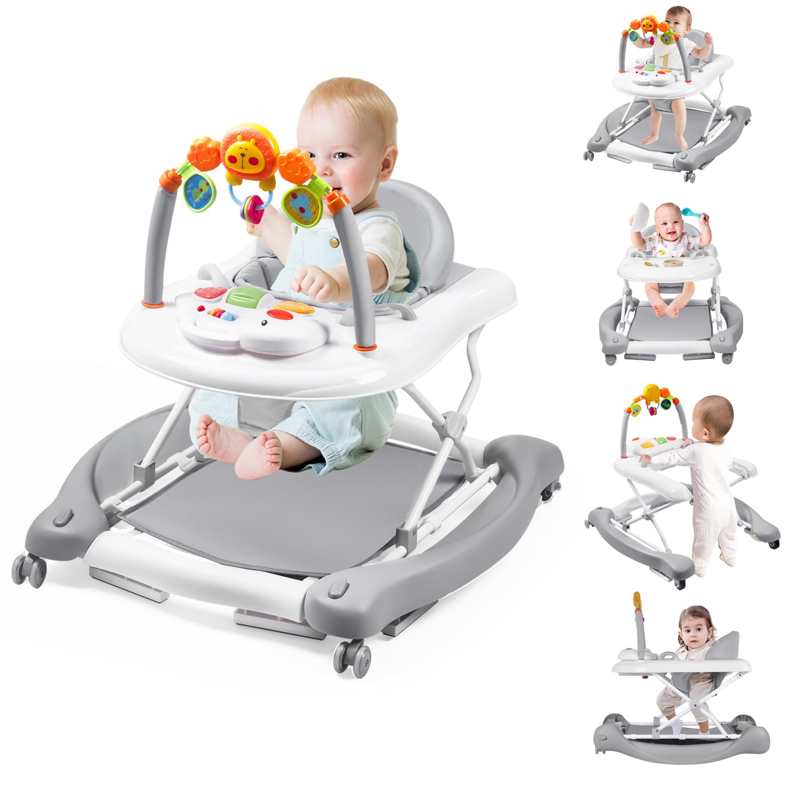 5-in-1 Baby Walker for Boys & Girls 6-18 Months - Adjustable Foldable Activity Walker with Bouncer, Removable Footrest, Feeding Tray & Music Toys - Perfect for Learning to Walk, Playtime & Mealtime at Home or Daycare