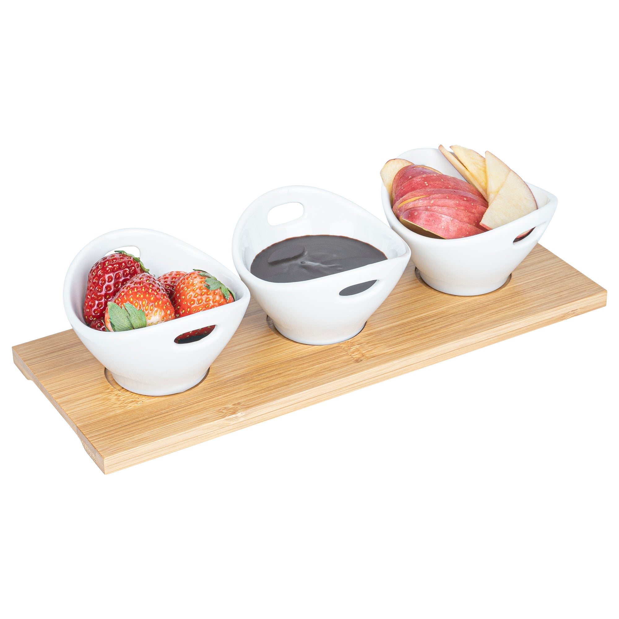 6 oz White Porcelain Rectangular Basket Bowls Set of 3 with Bamboo Tray - 11.75