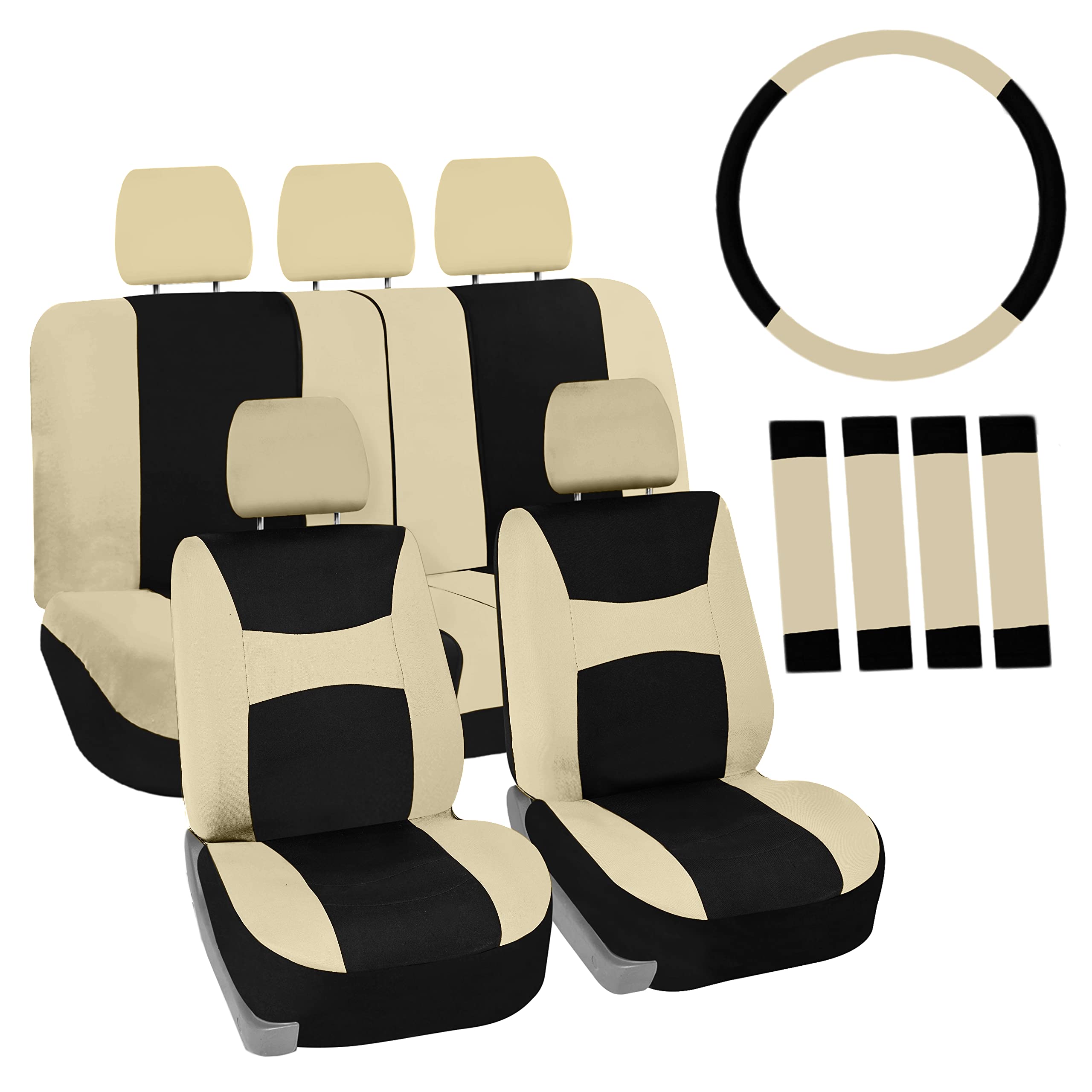 FH Group Light Breezy Beige Car Seat Cover Combo Set - Universal Fit for Cars, Trucks & SUVs | Includes Luxe Carpet Floor Mats & Steering Wheel Cover | Perfect for Road Trips, Daily Commute & Interior Protection